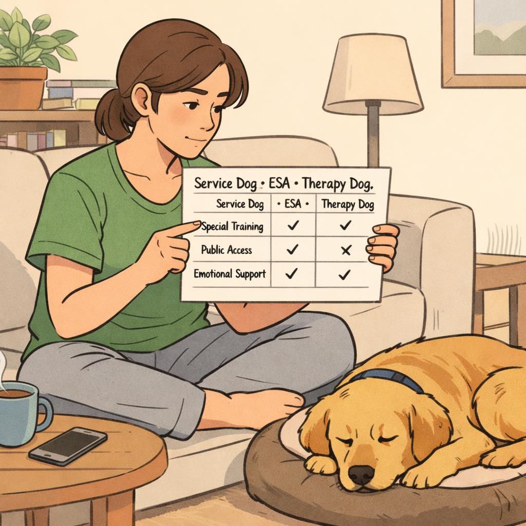 A focused service dog heels attentively beside its handler on a neighborhood sidewalk, demonstrating calm public behavior and leash control.