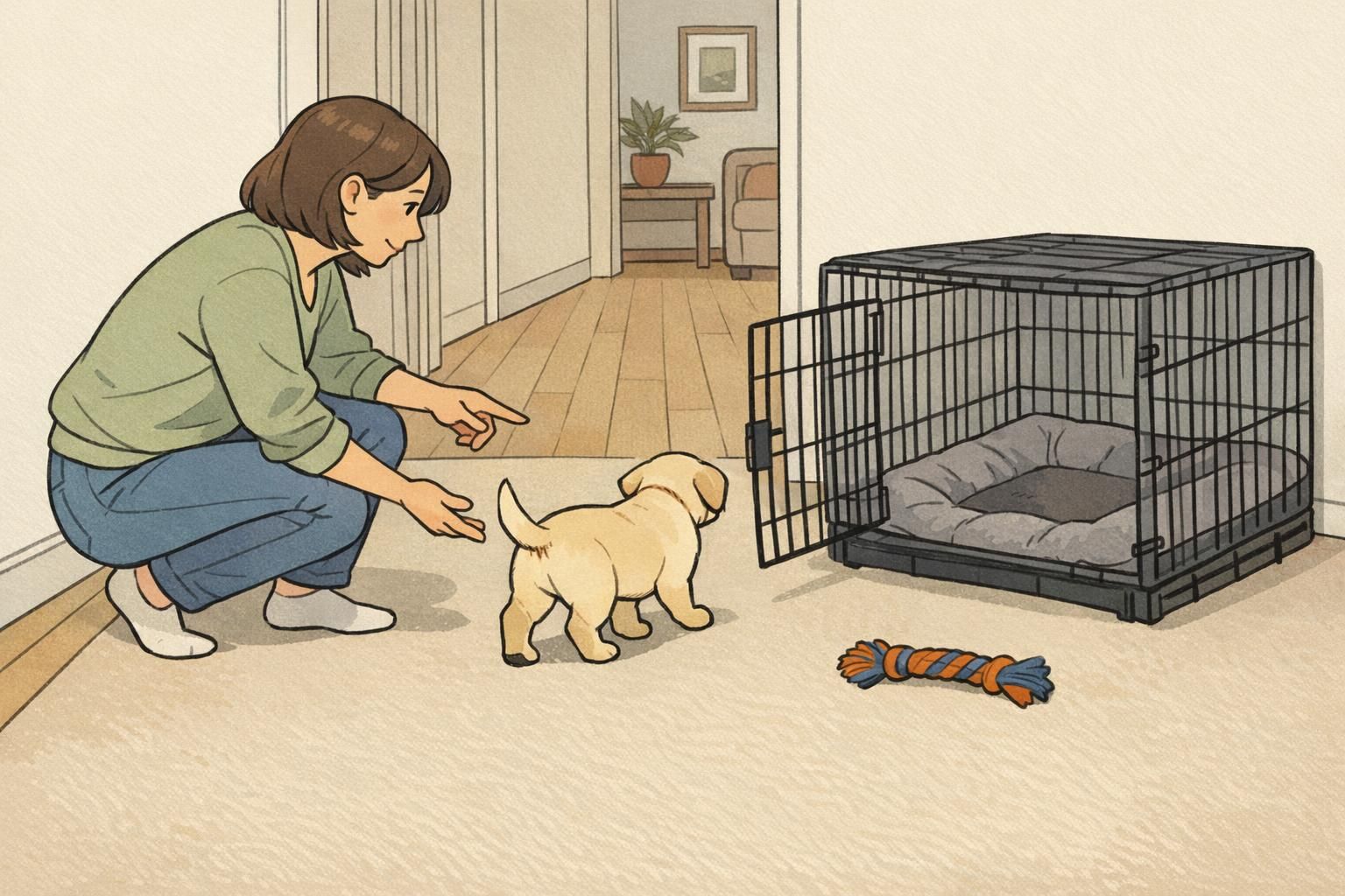 An adult guiding a young puppy toward an open crate with a chew toy nearby, demonstrating crate comfort and puppy foundation work.