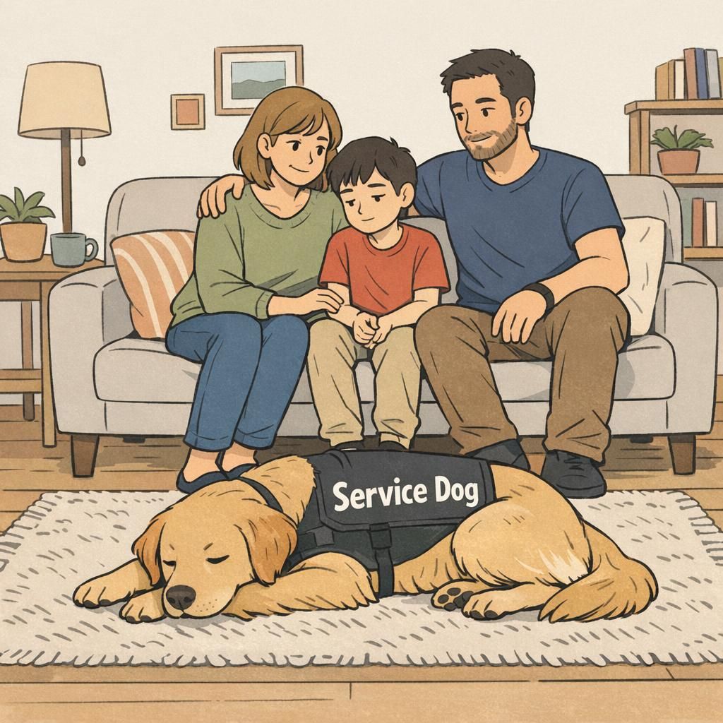 A calm family scene: two parents and their autistic child sit on a sofa while a relaxed sensory support dog lies nearby wearing a clear service-dog vest in a cozy living room.