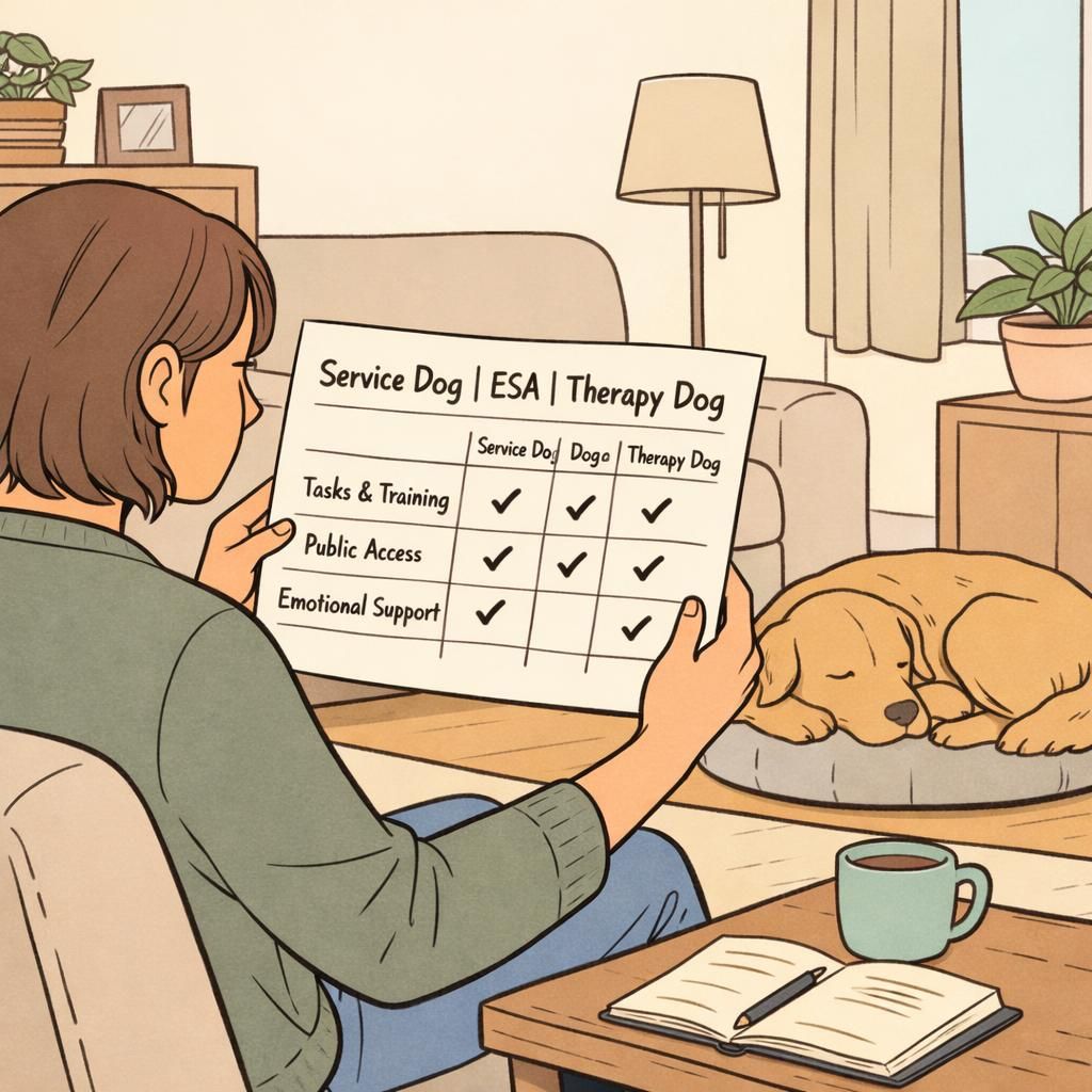 A tidy desk with a leash, an ID card on a lanyard, and a phone showing a digital profile while a dog rests nearby, illustrating practical identification tools.