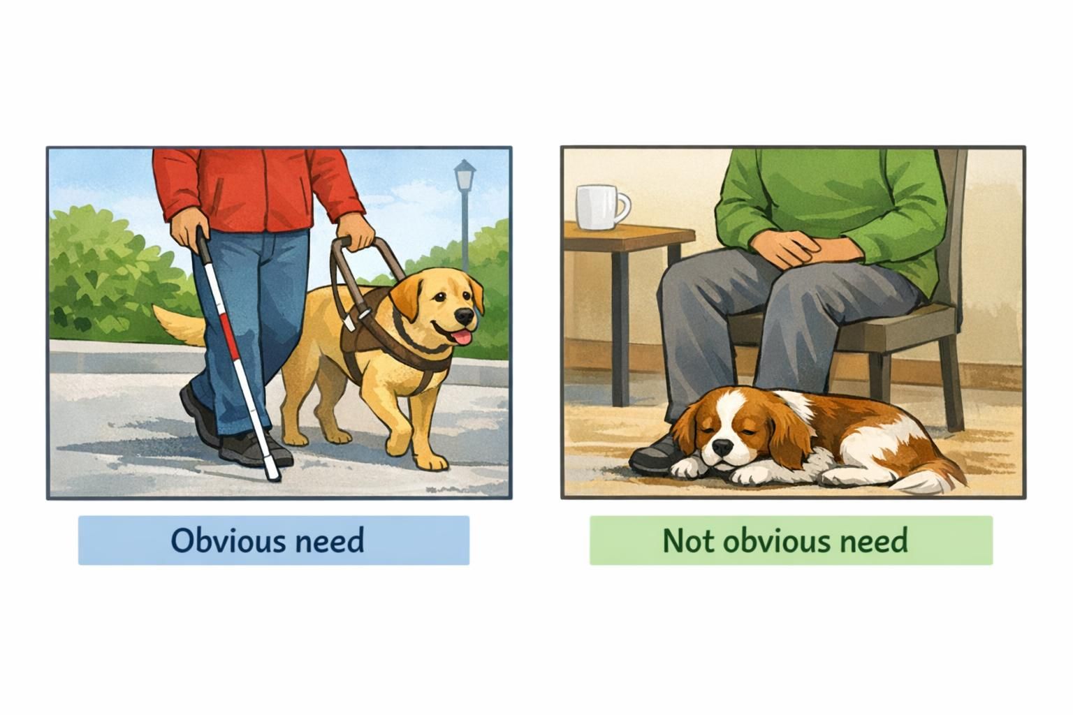 A split two-panel illustration showing a guide dog leading a person with a white cane on one side and an adult seated with an emotional support animal on the other to show obvious versus not-obvious needs.