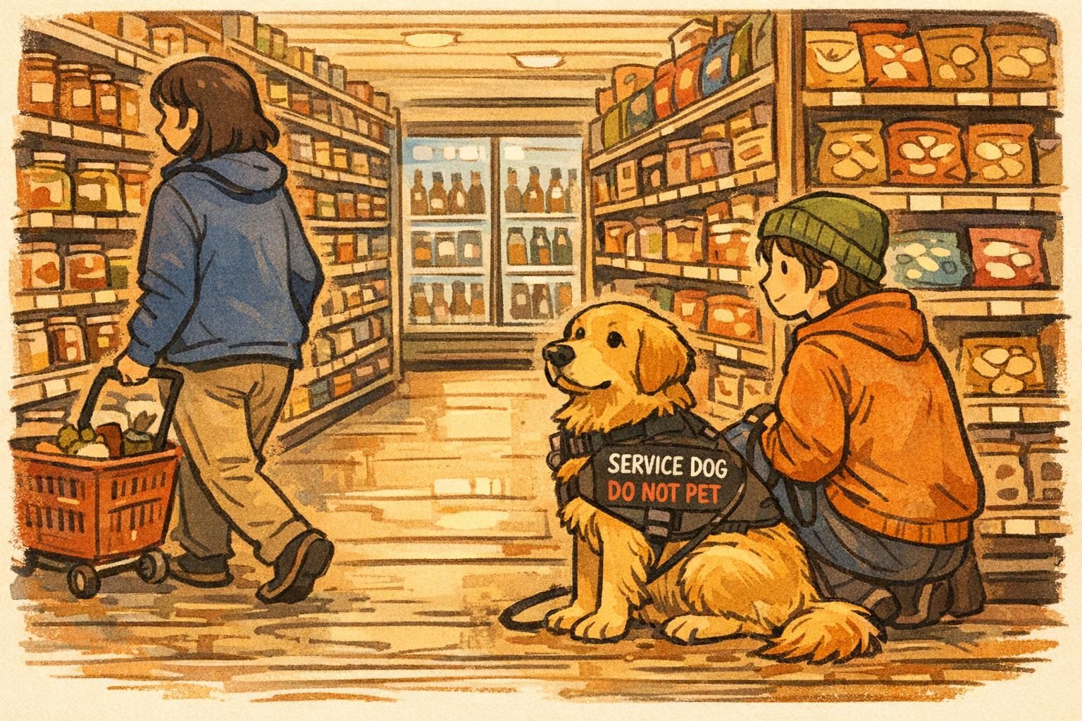 Small grocery store aisle where the handler and service dog pause to the side in a calm sit-stay while a shopper passes at a respectful distance.