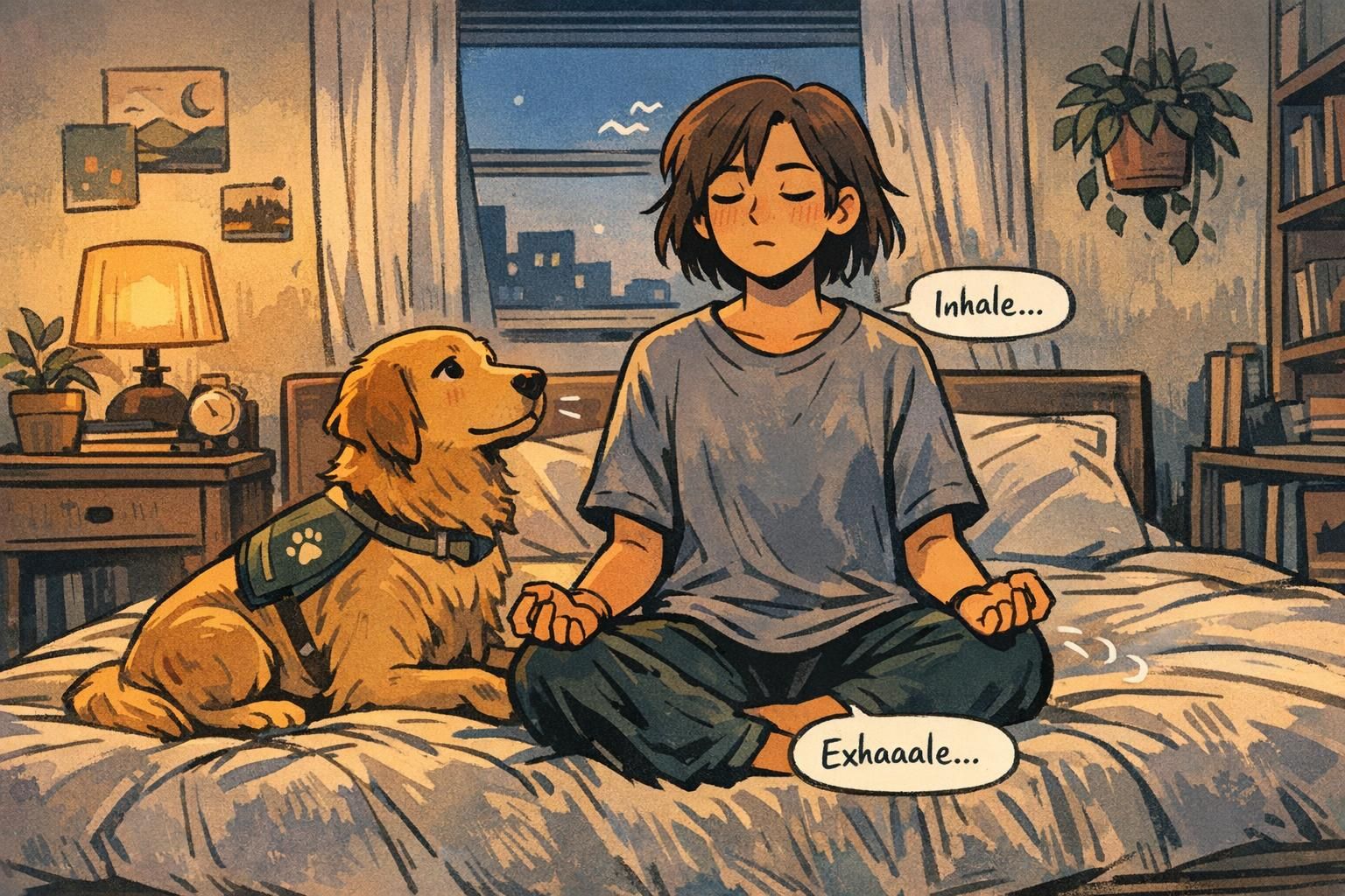 A support dog sits attentively beside an adult on the edge of a bed as they practice slow breathing, offering grounding during an anxious moment.