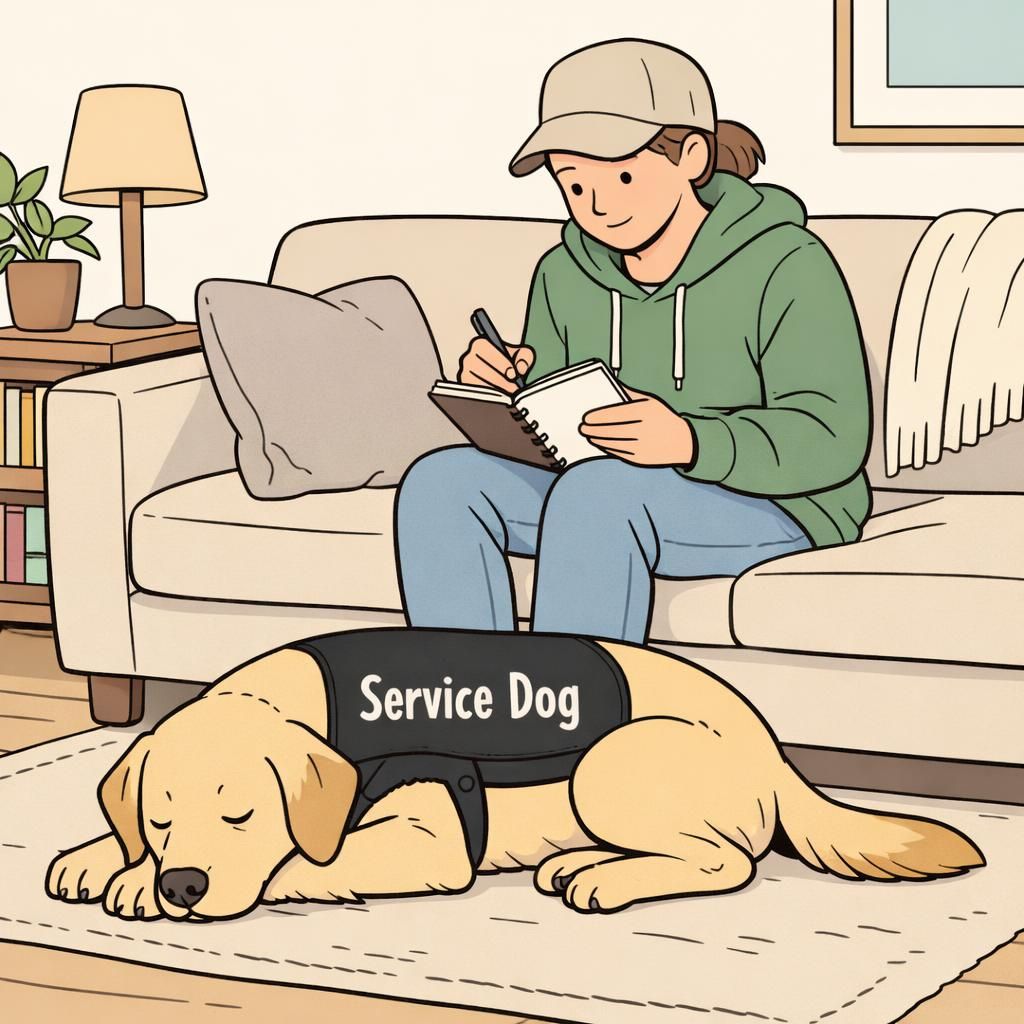 A handler sits on a living-room sofa reviewing a training notebook while a calm service dog wearing a Service Dog vest rests at their feet.