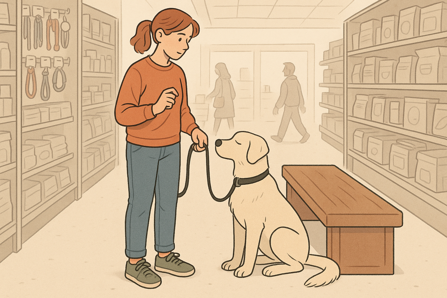 Handler practices a focused heel and a settled down near a bench in a quiet pet-friendly store aisle, the dog attentive and calm.