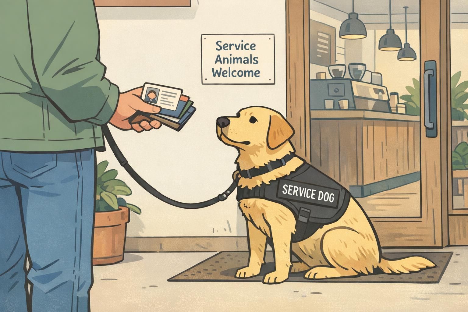 A handler holds wallet cards and an ID near a coffee shop entrance while a calm service dog waits, showing optional tools for smoother interactions.