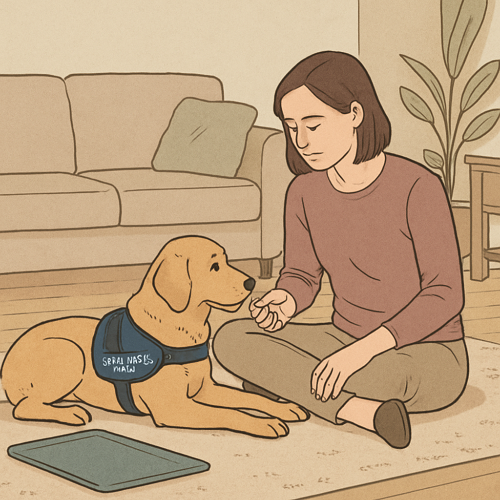 A handler calmly rewards an assistance dog for settling on a training mat in a living room, showing gentle, reward-based training and a relaxed partnership.