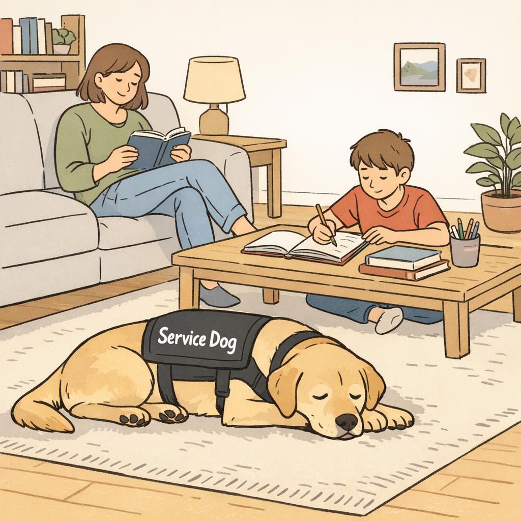A service dog wearing a vest lies calmly on a living room rug while family members read and do homework, illustrating steady household support and calm routines.