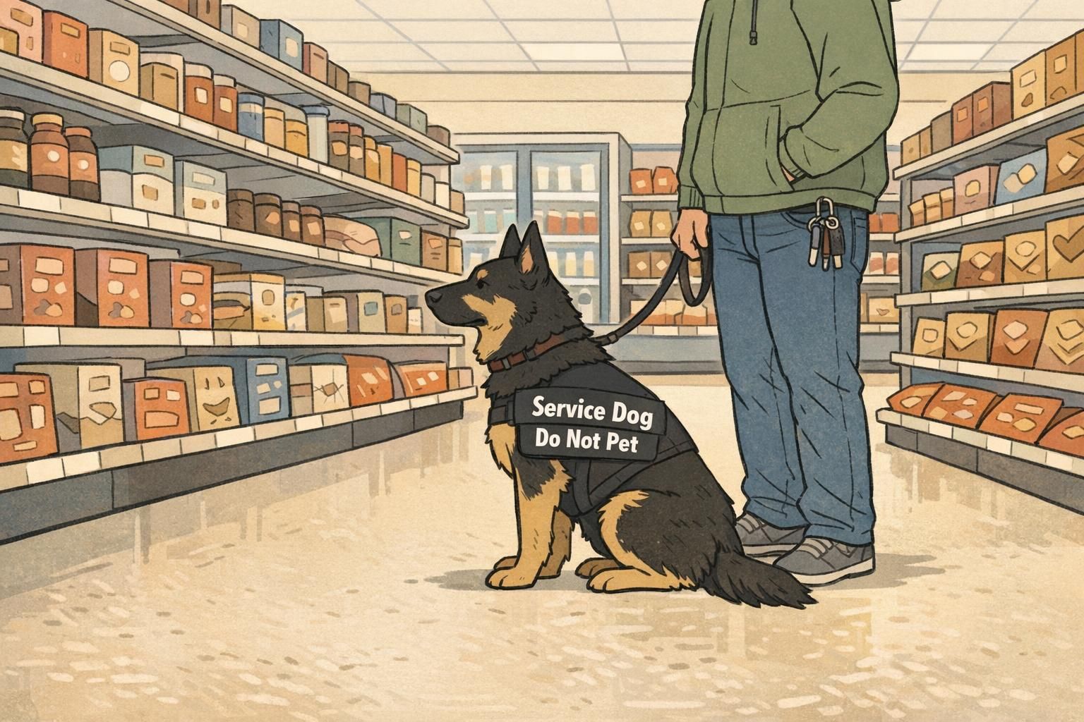 Service dog handler in a grocery store aisle with a working dog wearing a visible service-dog vest, showing an ID to keep the exchange brief and focused.