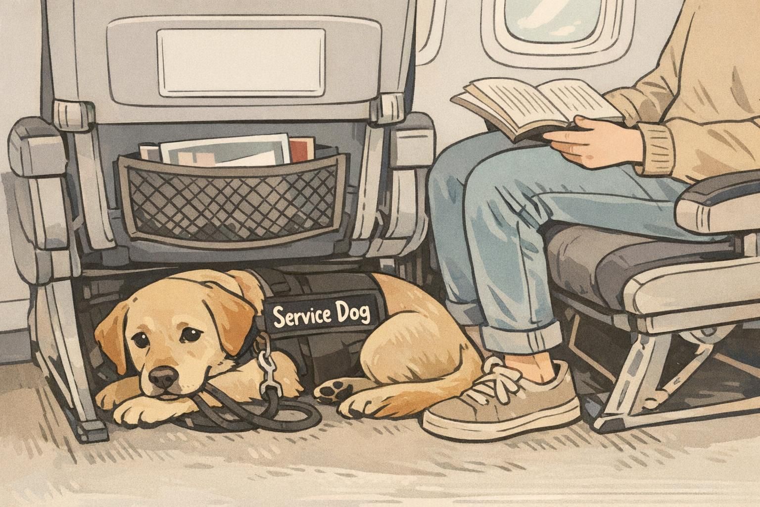 Calm service dog lying neatly in a passenger's foot space under the airplane seat while the handler sits and prepares for the flight.