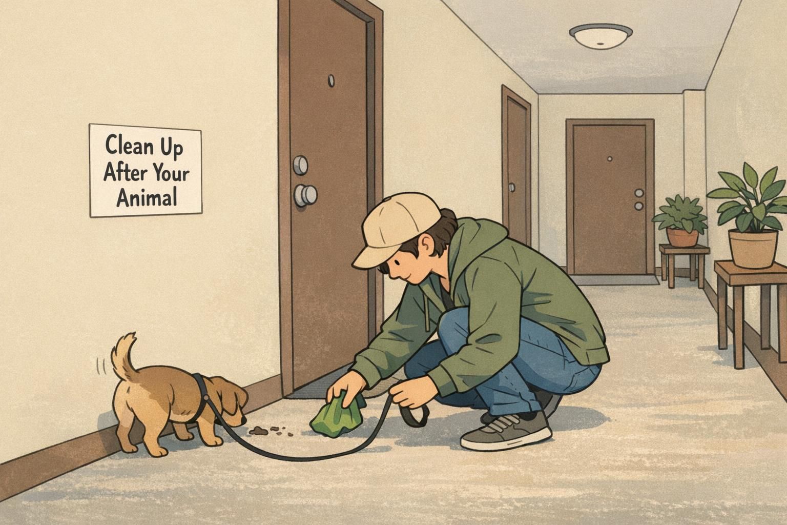 Resident uses a waste bag to pick up after their dog in an apartment hallway, showing considerate upkeep of shared spaces.