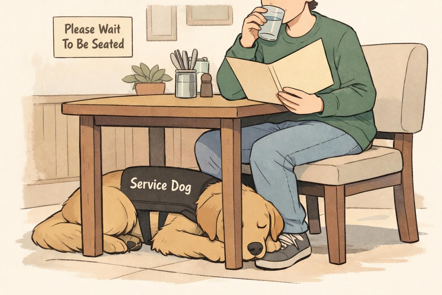 A service dog lies tucked under a café table at its handler’s feet while the handler consults a menu, illustrating calm settle behavior in a busy space.