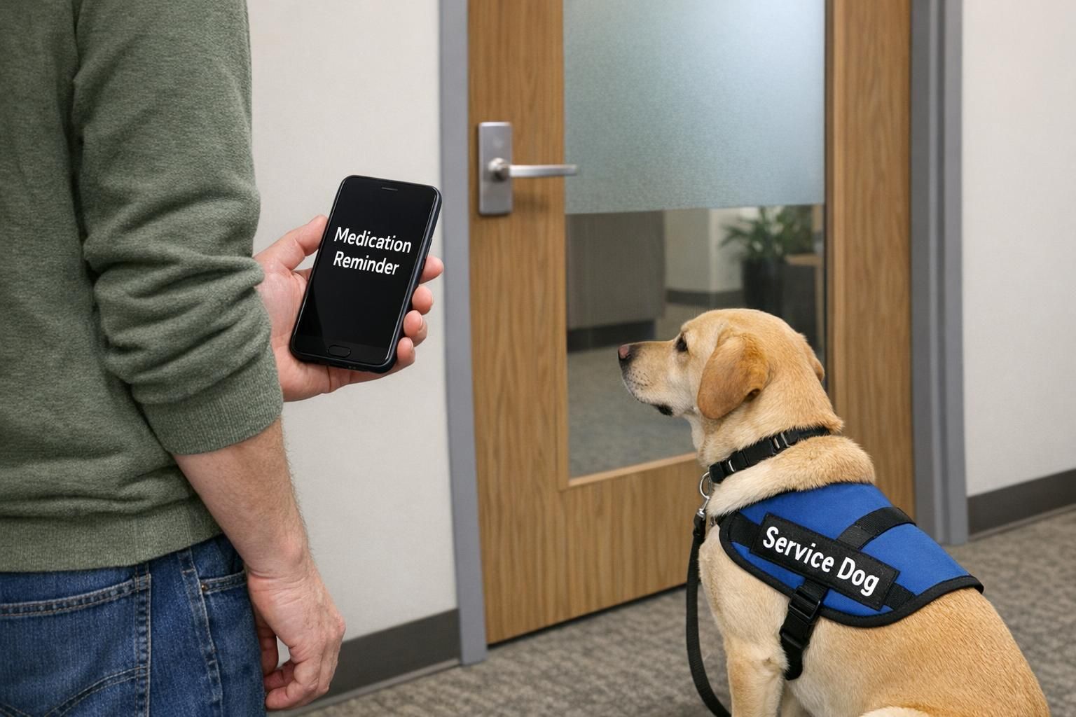 A workplace hallway where a handler and service dog wait calmly while the handler checks a phone displaying a medication alarm.