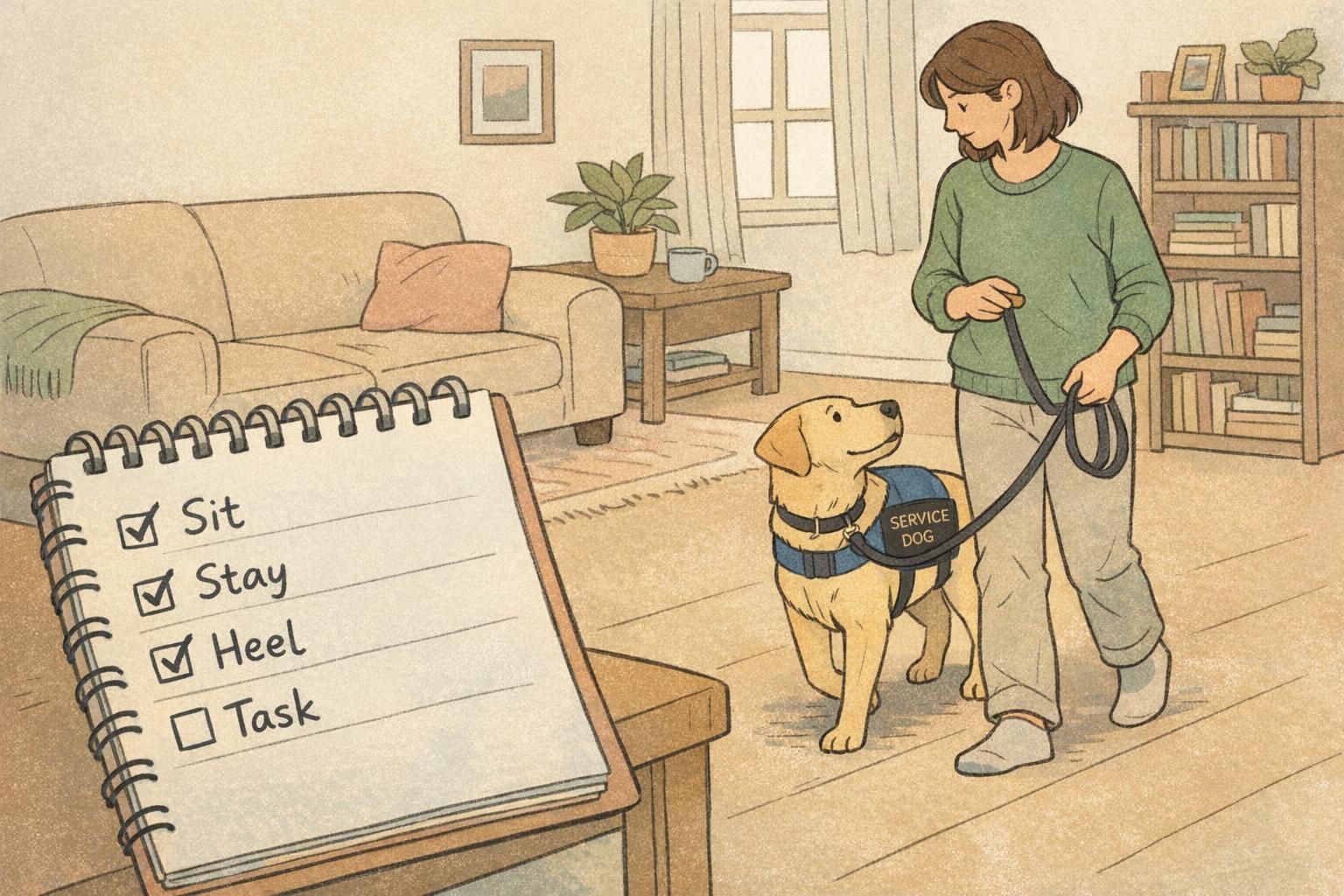A handler practices indoor training with a service dog in a living room while checking a visible training checklist for sit, stay, heel, and task cues.