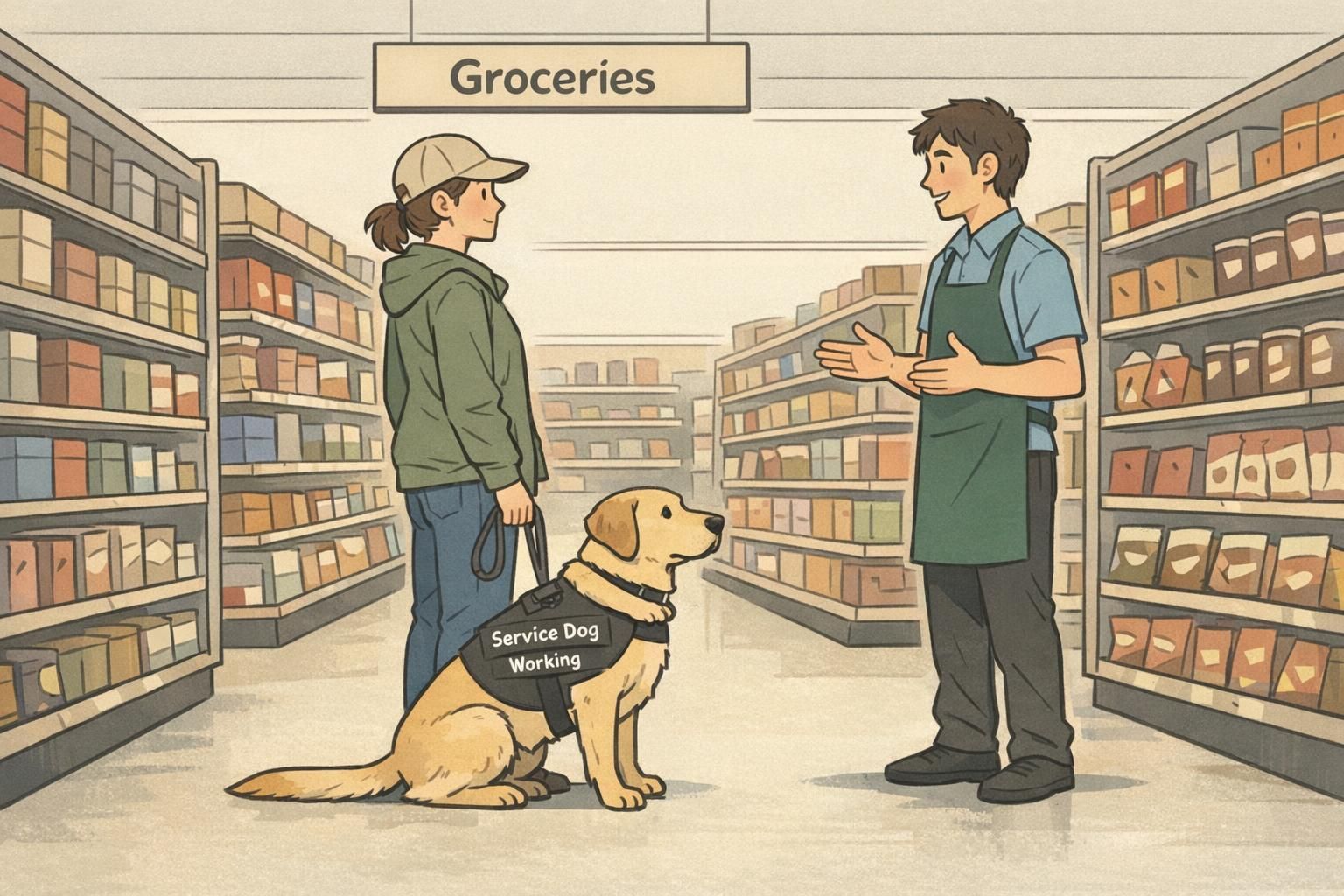 Grocery store aisle illustration of a handler and a service dog in heel position as a store employee speaks at a respectful distance.