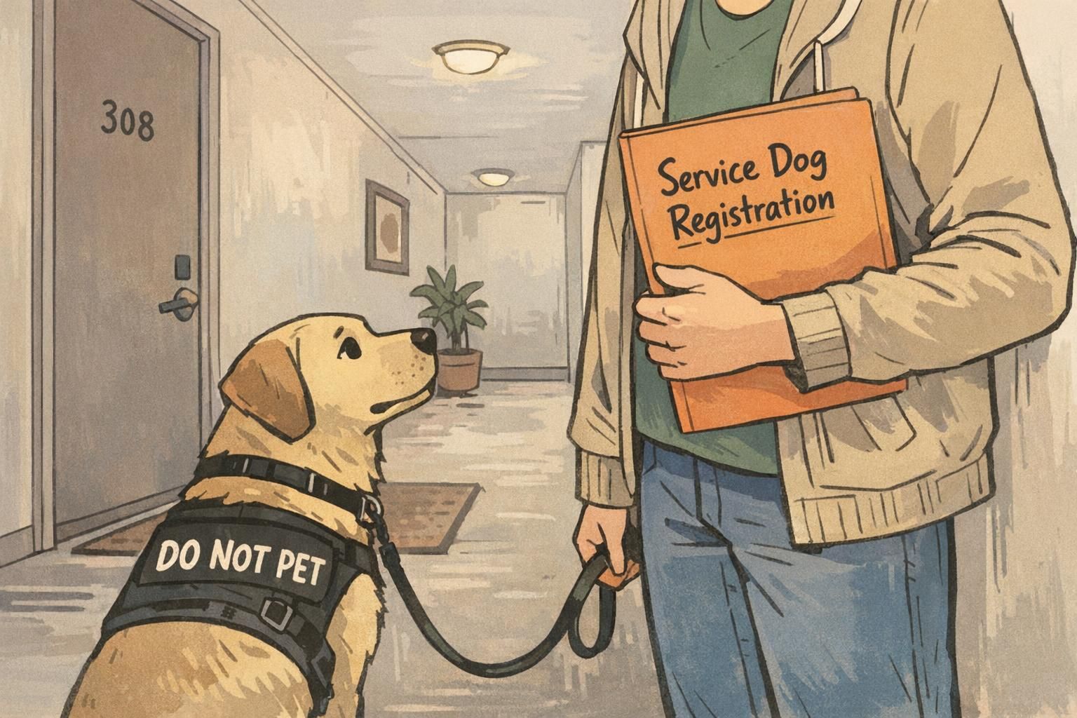 A person stands in an apartment hallway holding a folder labeled 'Service Dog Registration' beside their service dog wearing a 'Do Not Pet' vest.