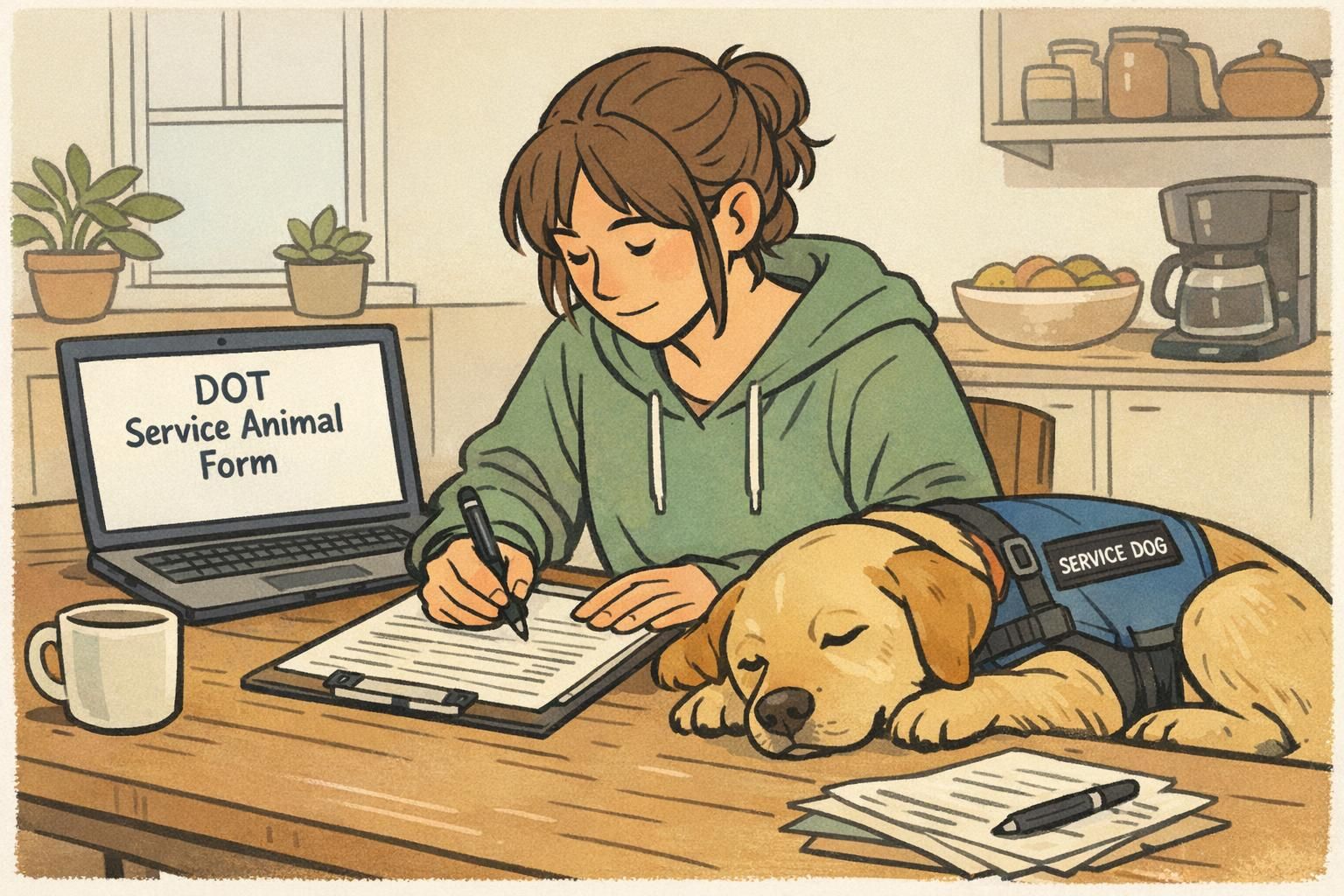 A person seated at a kitchen table completing travel paperwork beside a resting service dog, with a laptop open to a form.