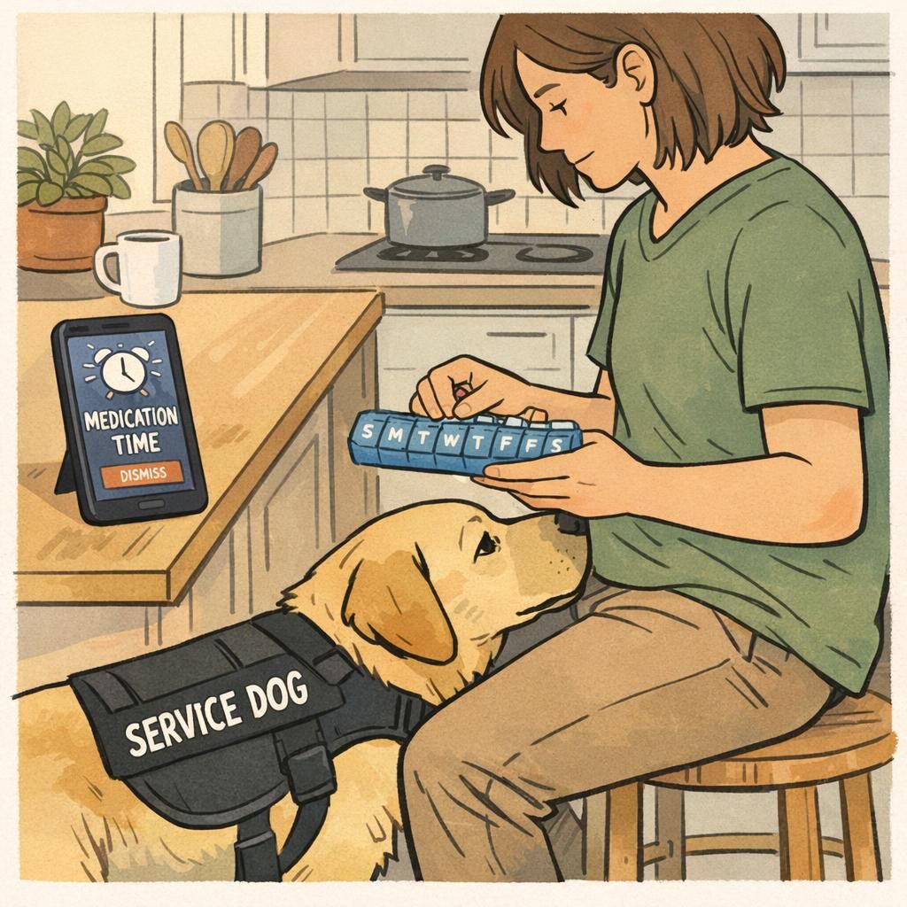 Handler checks a weekly pill organizer in a calm kitchen while their medication reminder service dog gently nudges their leg as a phone alarm displays MEDICATION TIME.