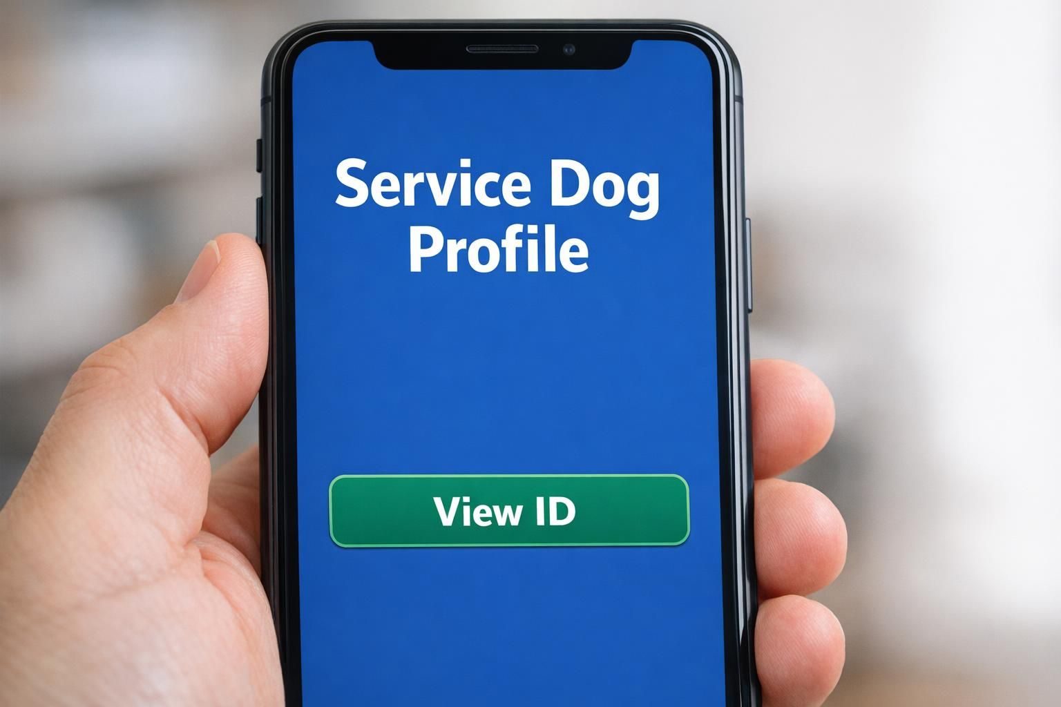 A close-up of a smartphone in a parent's hand displaying a clear, easy-to-read digital service-dog profile for quick access while out and about.