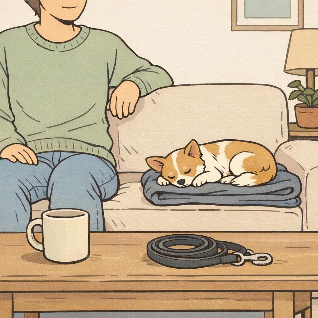 A calm living room scene showing an adult seated on a sofa with a small dog resting on a folded blanket beside them, conveying quiet companionship and routine.