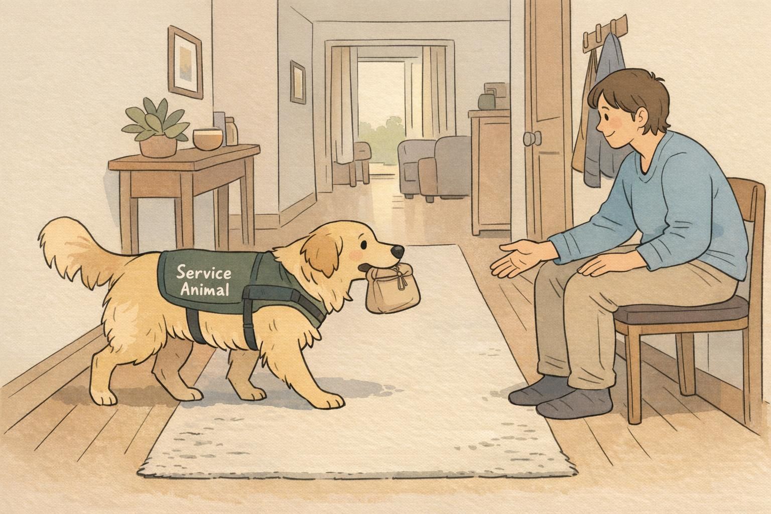 A service dog carries a small soft pouch in its mouth down a hallway toward a seated handler, demonstrating a medication retrieval task in a home setting.