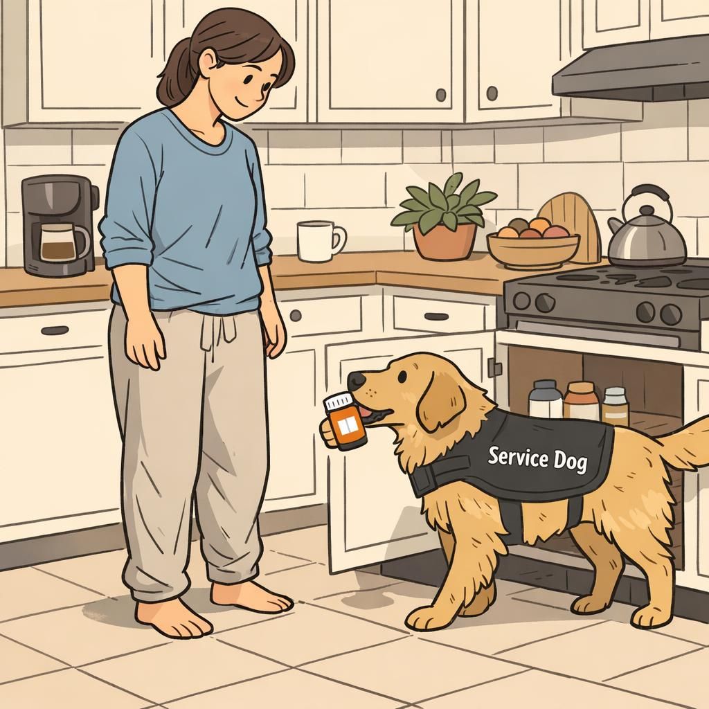 A calm morning kitchen scene where a service dog wearing a simple vest fetches a small pill bottle from a lower cabinet to assist an adult handler.