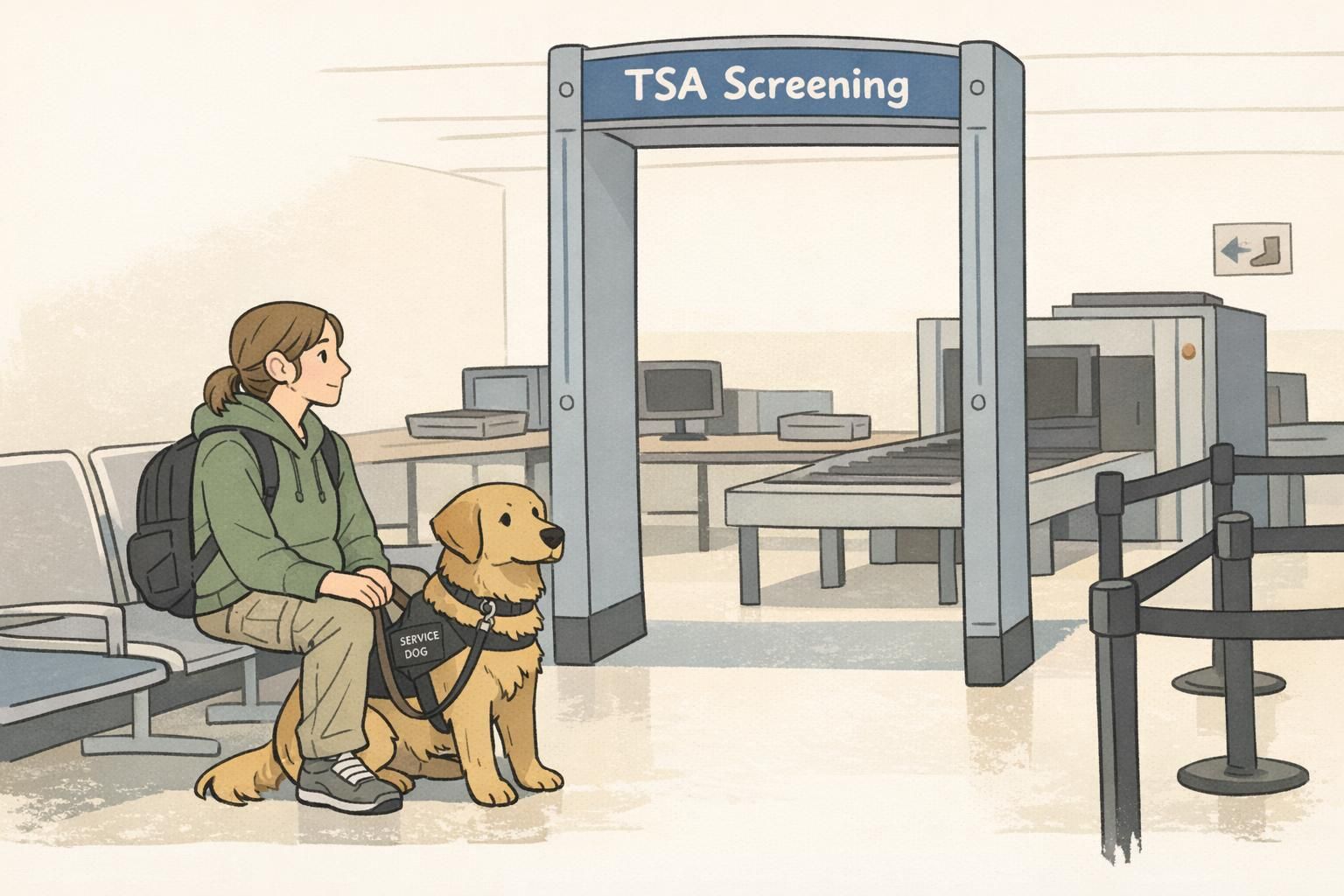 Adult and service dog waiting calmly in a simulated airport security line near screening equipment to practice TSA procedures.