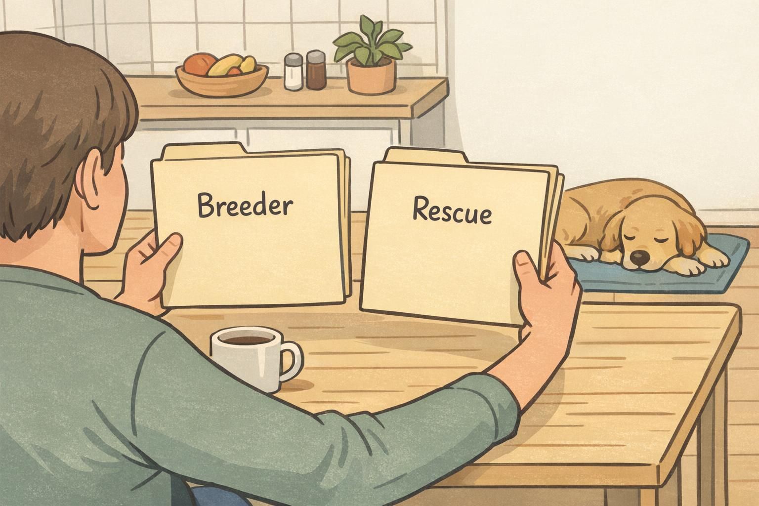 A person compares breeder and rescue options at a kitchen table while a relaxed dog rests on a mat, representing decisions about source and background transparency.