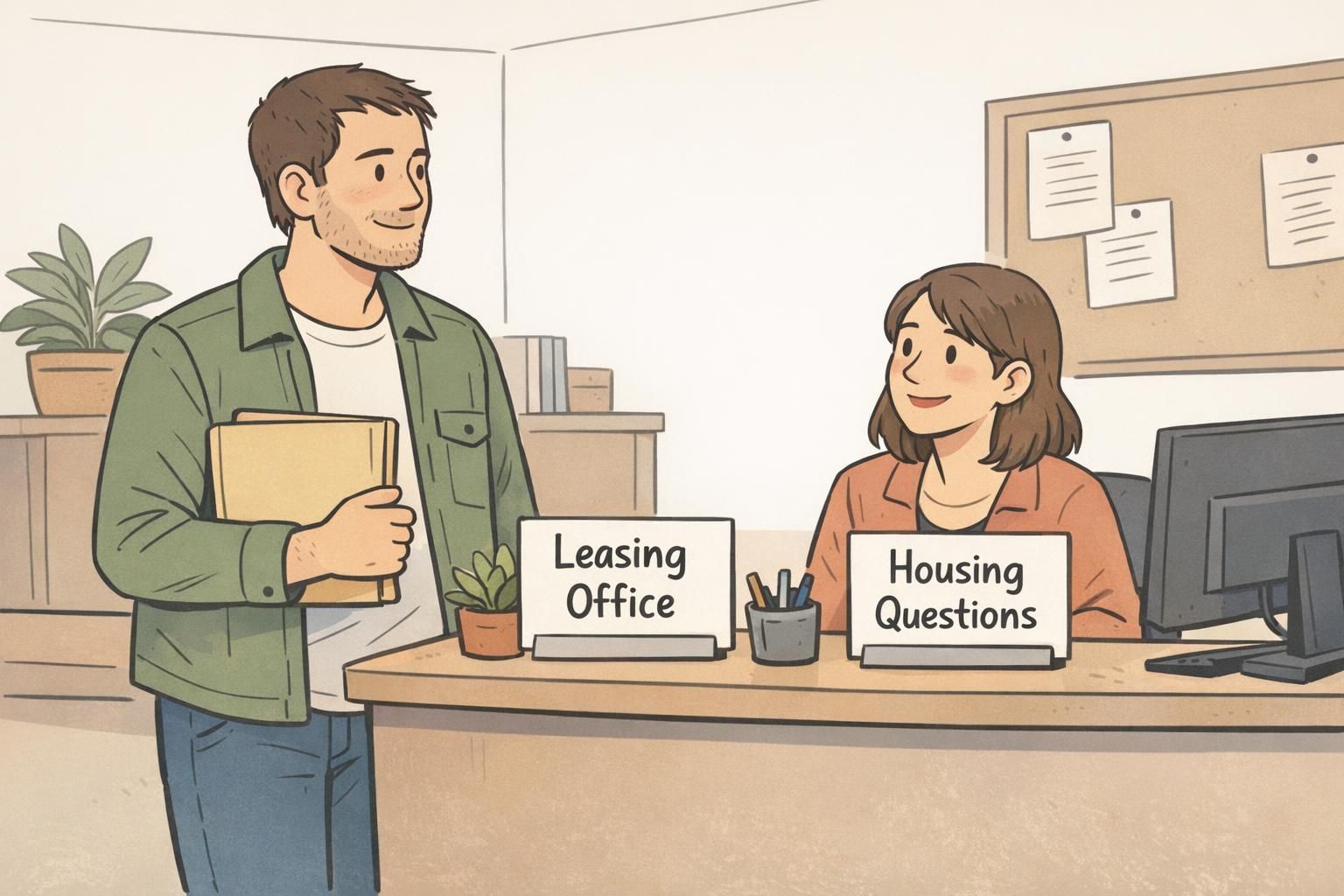Renter at a leasing office counter presenting neatly organized paperwork to request a housing accommodation for an emotional support animal, conveying a calm, professional interaction.
