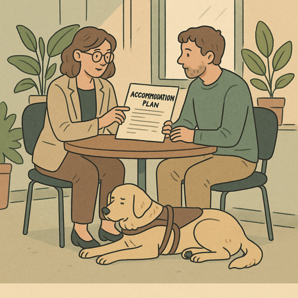 A calm service dog wearing a visible vest sits beside its handler at an airport gate, ready for boarding and travel.