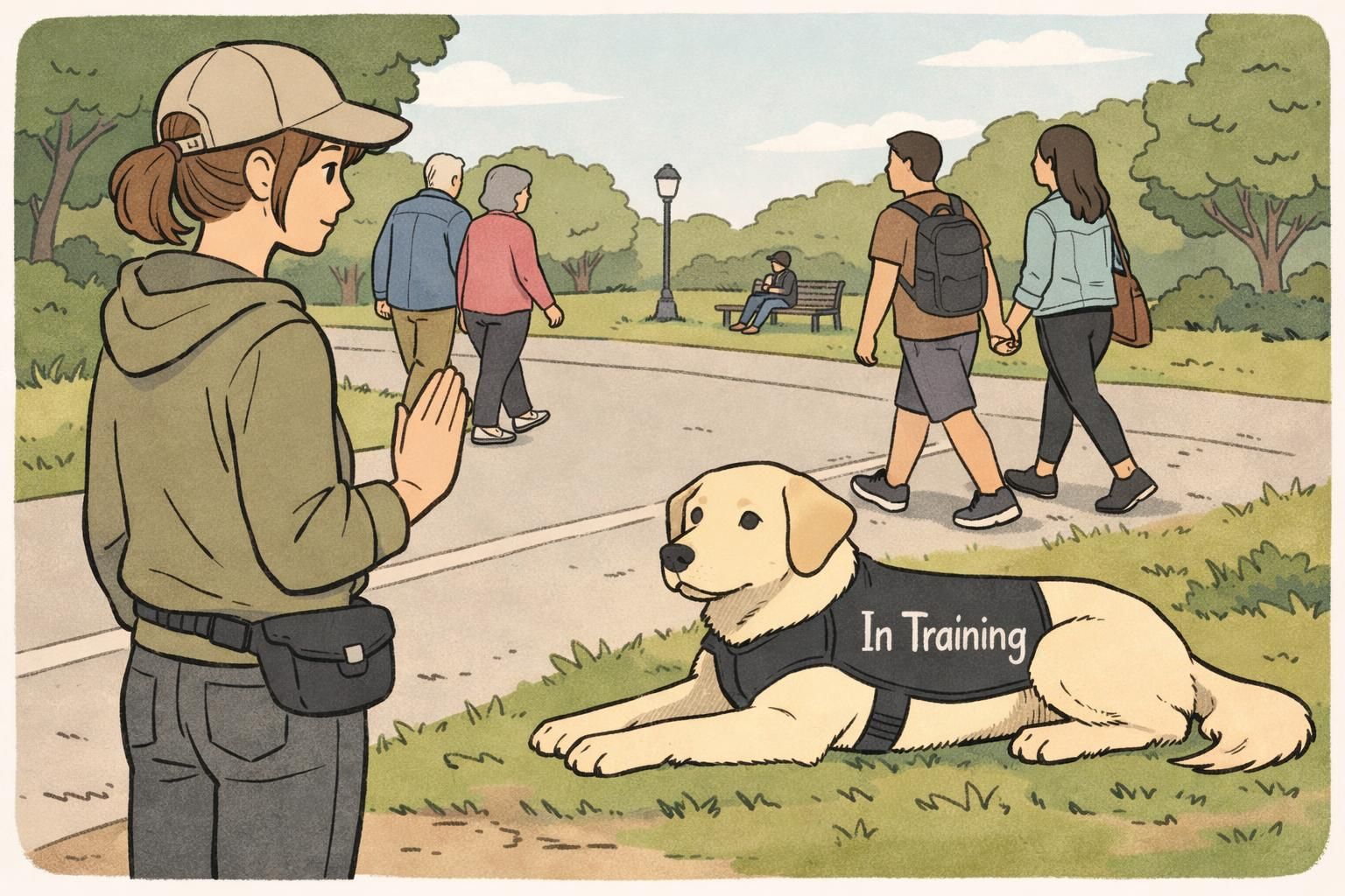 A handler practices a long down-stay in a park while people pass at a respectful distance, illustrating reliability and distraction-proofing during outings.