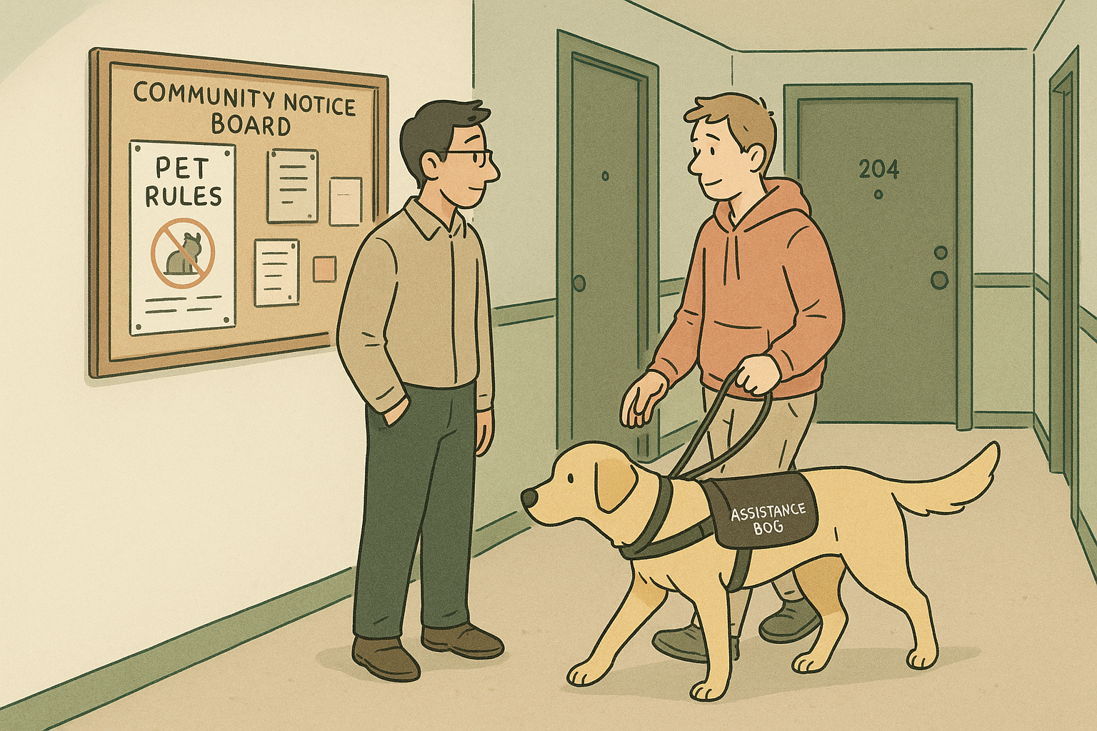 A resident walks an assistance dog on a leash down a condo hallway past a community notice board that shows pet rules, with a neighbor offering a polite nod.