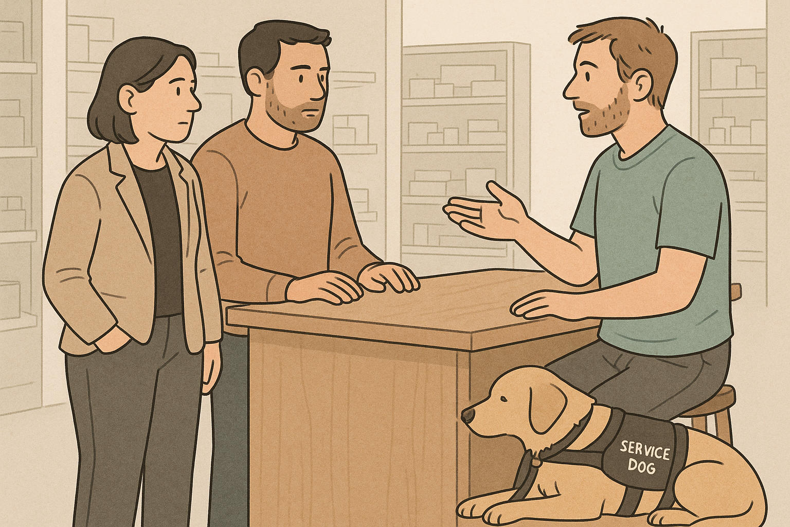A manager and employee listening at a retail counter while a handler calmly explains that their dog is a trained service animal; the dog lies tucked by the handler’s feet.