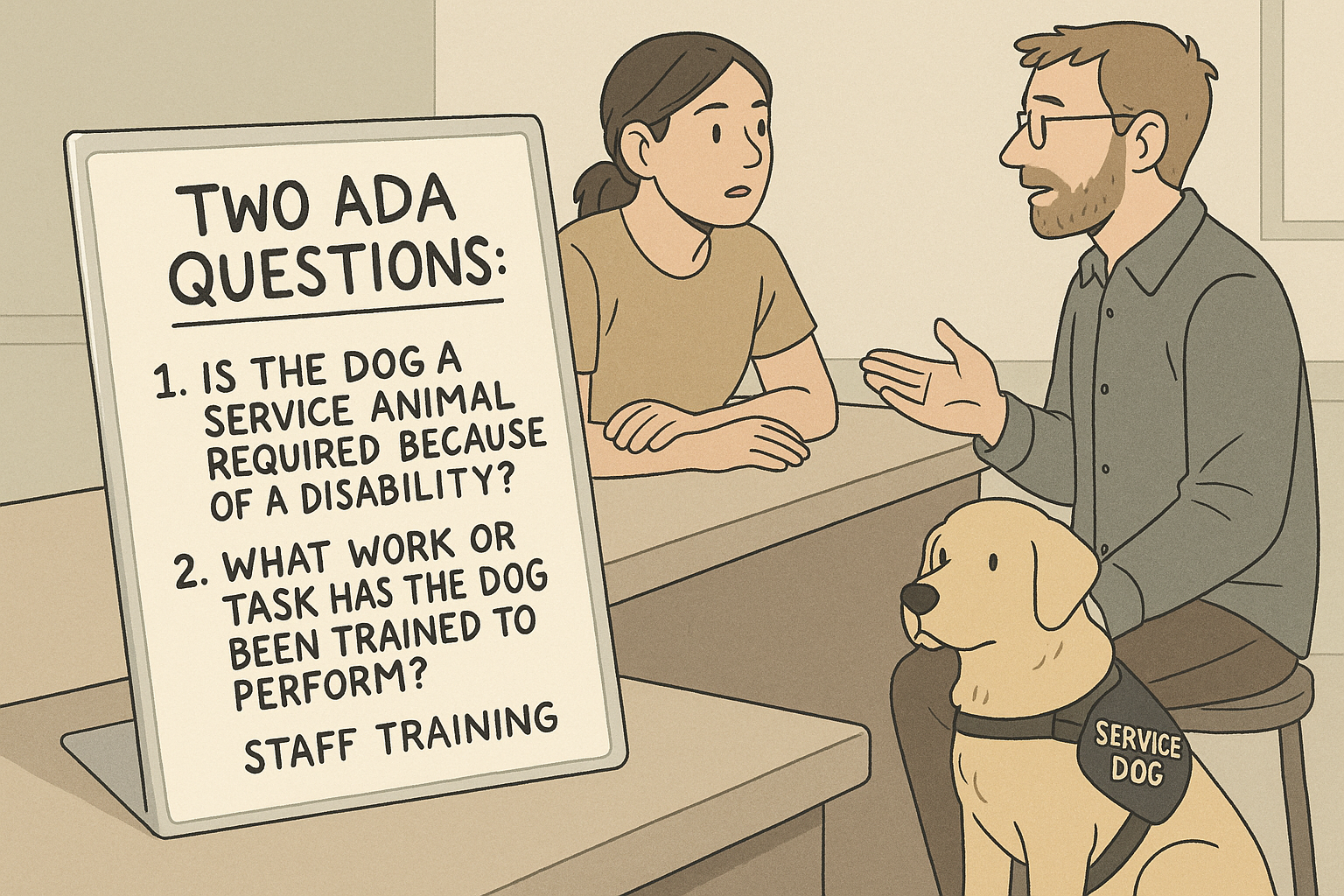 A laminated staff guide card lays on a countertop next to a register while an employee listens attentively to a customer with a service dog.