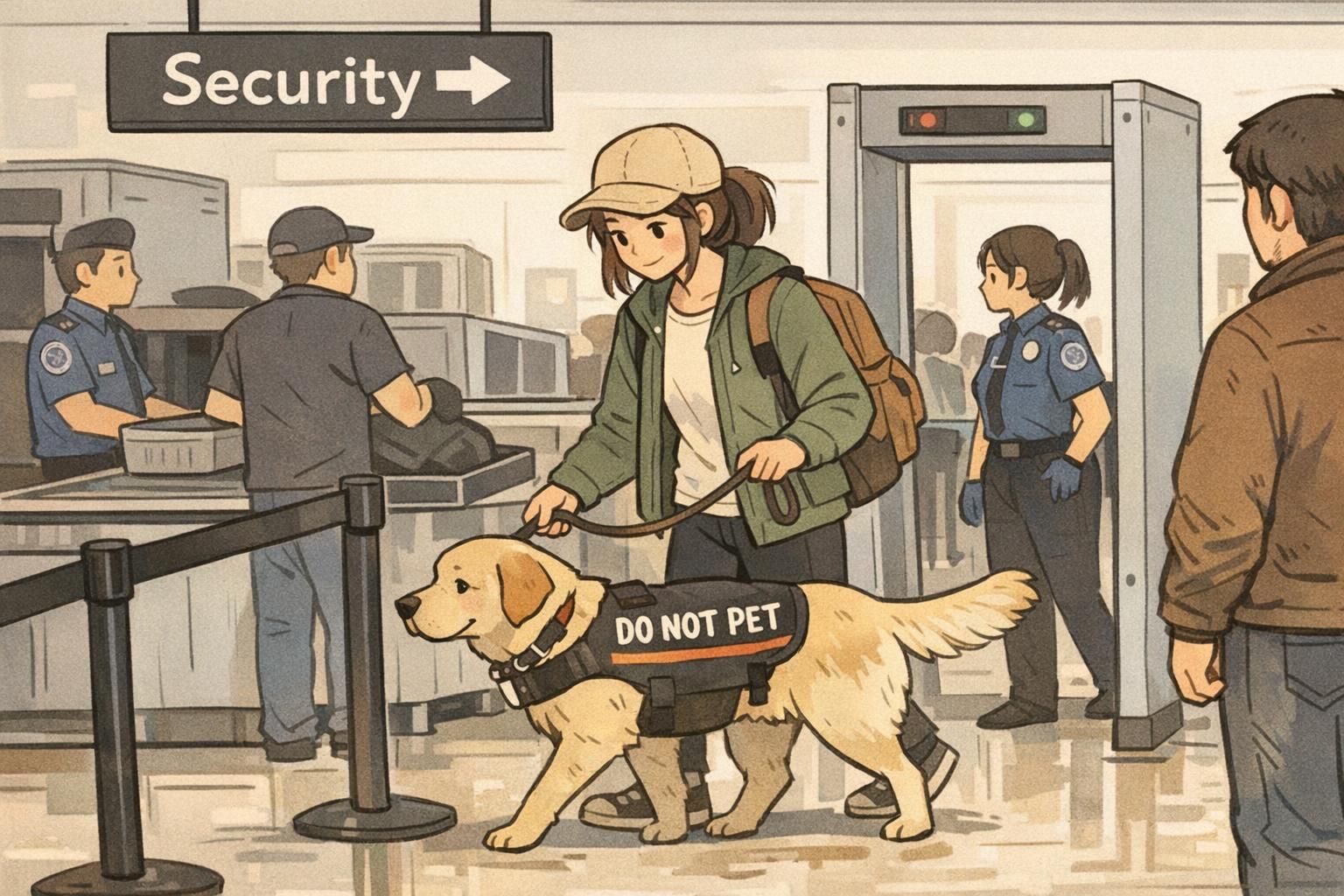 Handler guiding a calm service dog through an airport security screening lane, moving past passengers and signage while following TSA instructions.
