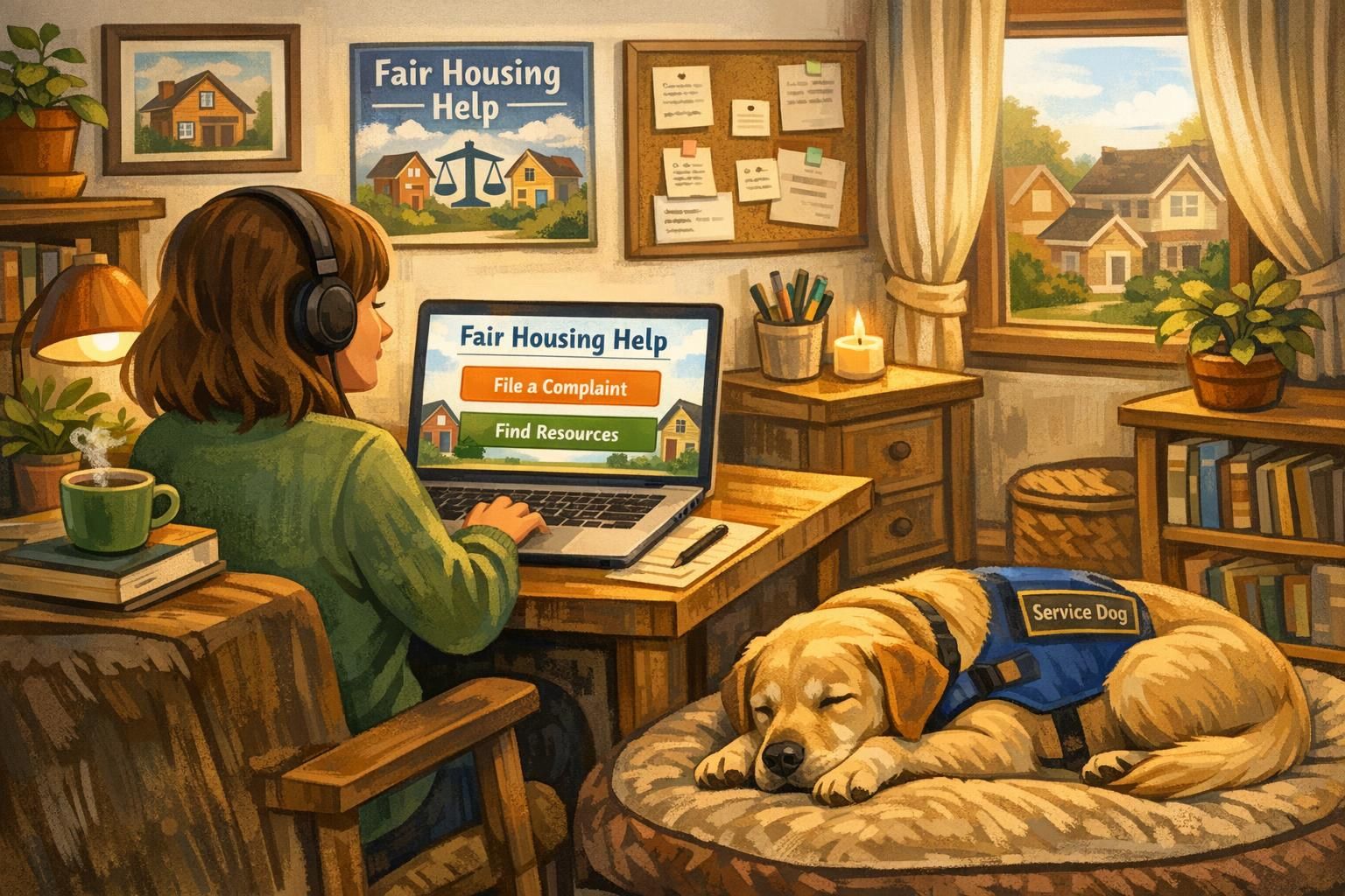 A person at a desk using a laptop to view fair housing resources while an assistance dog lies nearby, illustrating filing a complaint or gathering evidence.