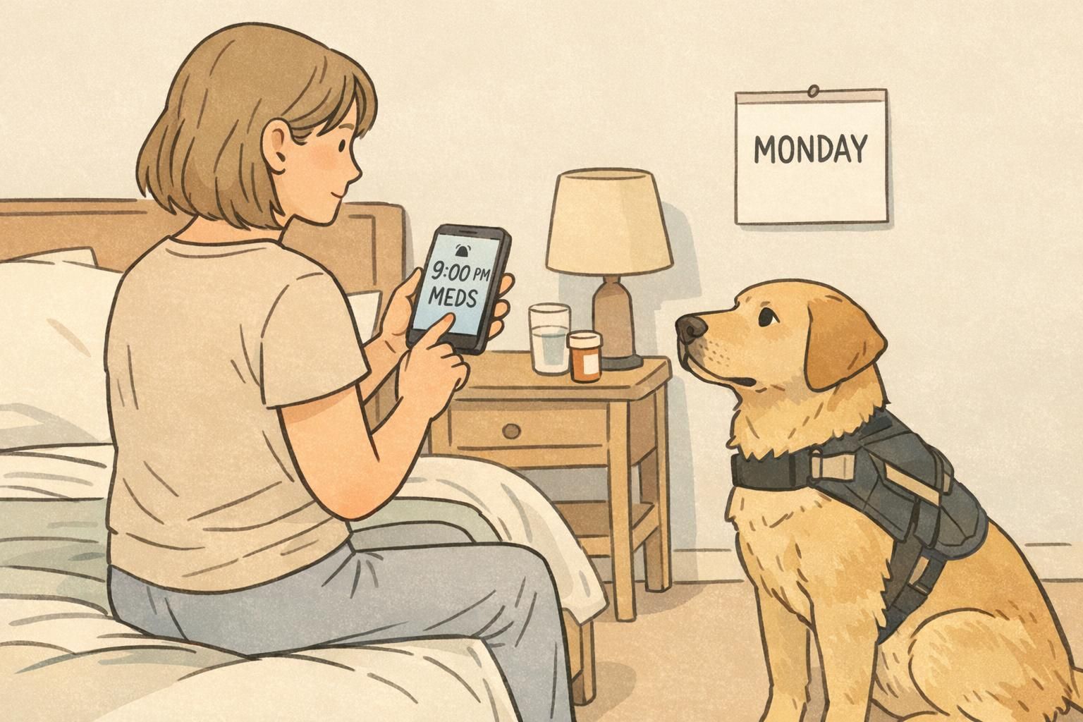 Person sets a phone alarm for a nighttime dose while a service dog sits attentively nearby, reinforcing a consistent bedtime medication reminder routine.