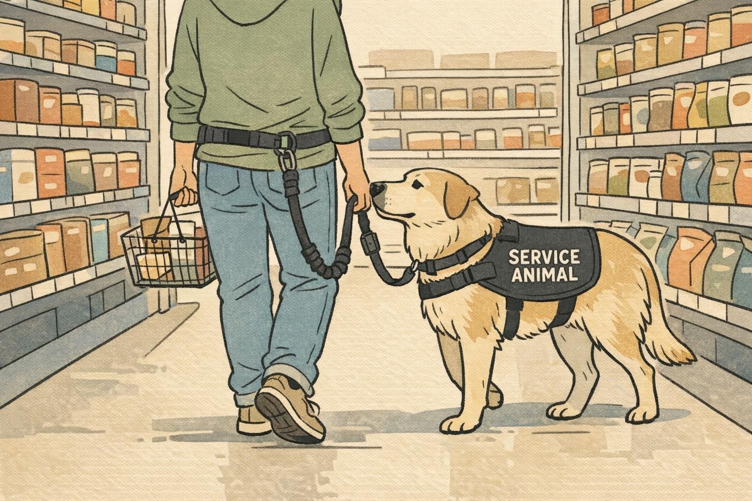 A person using a hands-free waist-worn leash while a large service dog heels calmly beside them in a grocery-store aisle.