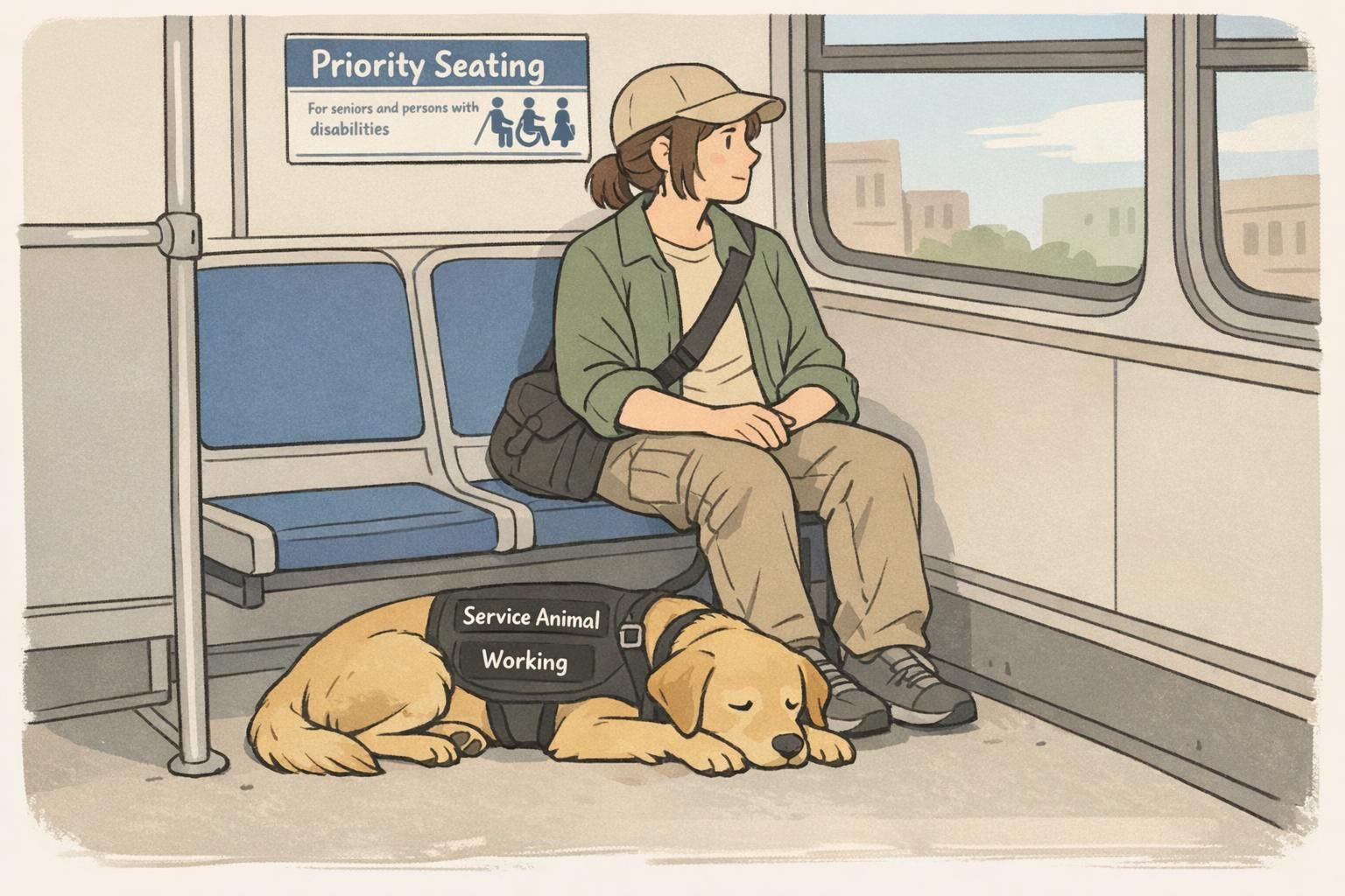 A service dog lying neatly at a handler's feet on a city bus, demonstrating transit etiquette, priority seating awareness, and focused behavior in public transport.