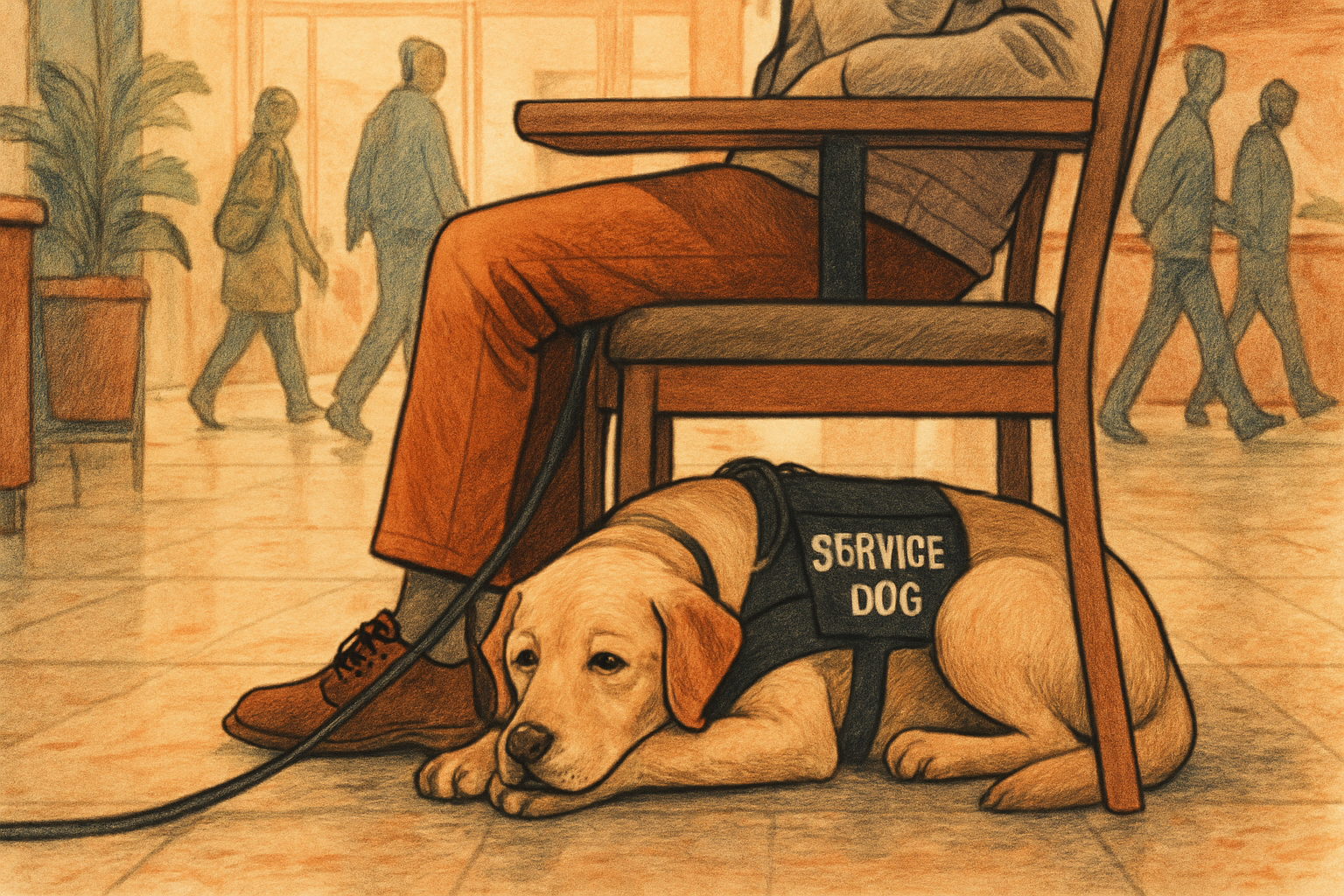 A service dog tucked neatly under a chair in a café or lobby, focused and relaxed as people pass by in the background.