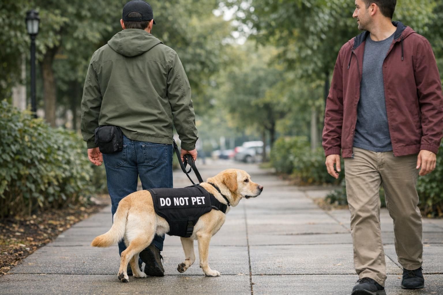 An adult walks a focused service dog wearing a 'Do Not Pet' vest on a quiet sidewalk while a passerby gives them respectful space.
