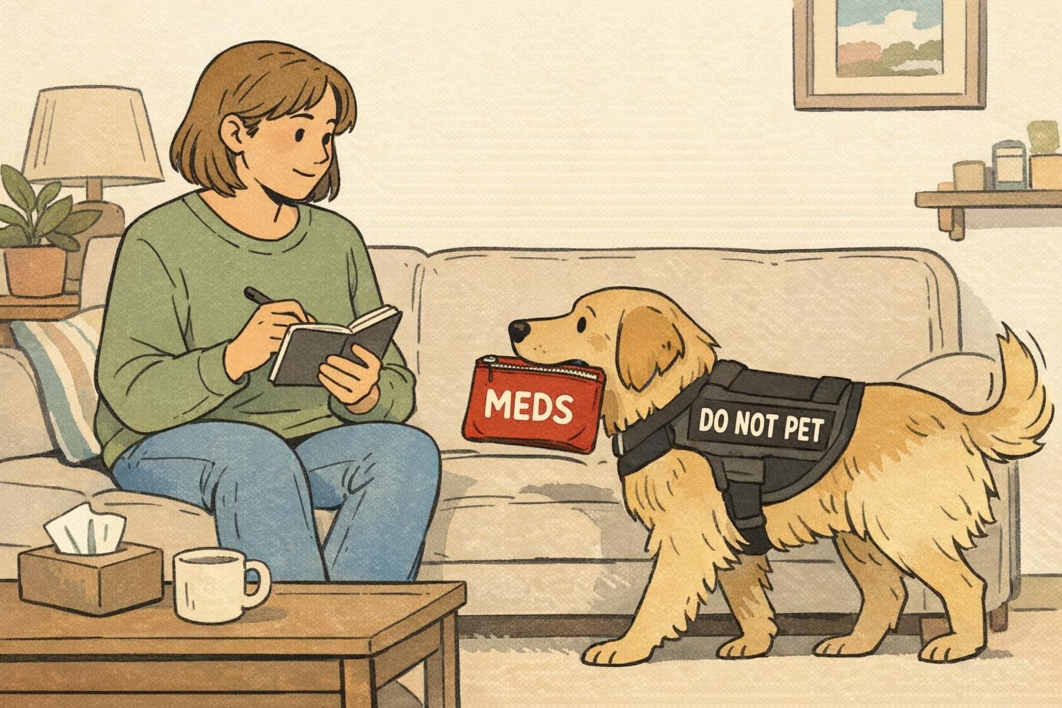 A service dog brings a zipped pouch labeled MEDS to a person seated on a sofa, demonstrating a trained retrieval behavior used in medication routines.