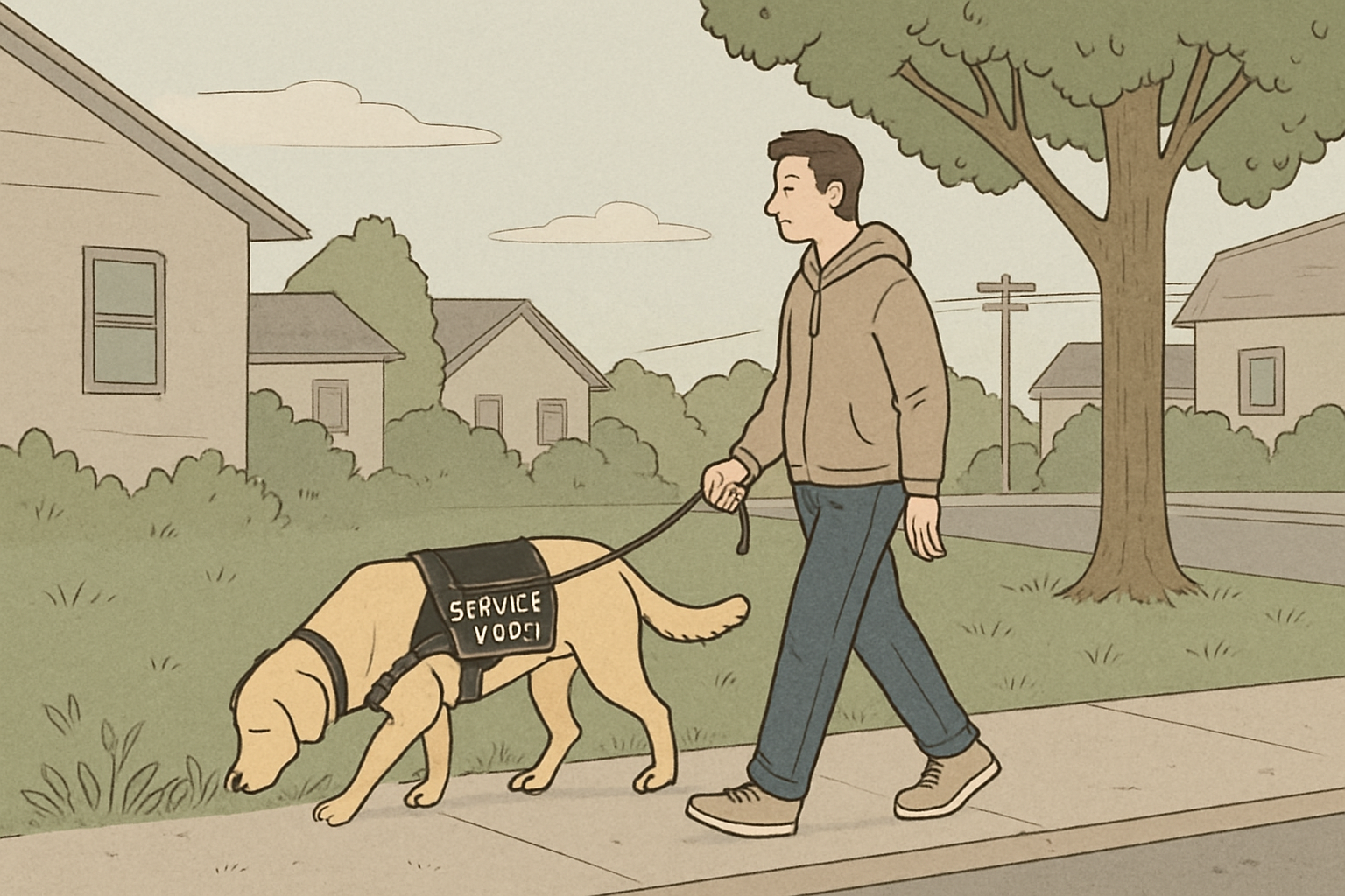 Service dog and handler on a quiet neighborhood decompression walk, the dog sniffing a grassy verge to illustrate low-pressure recovery and stress relief.