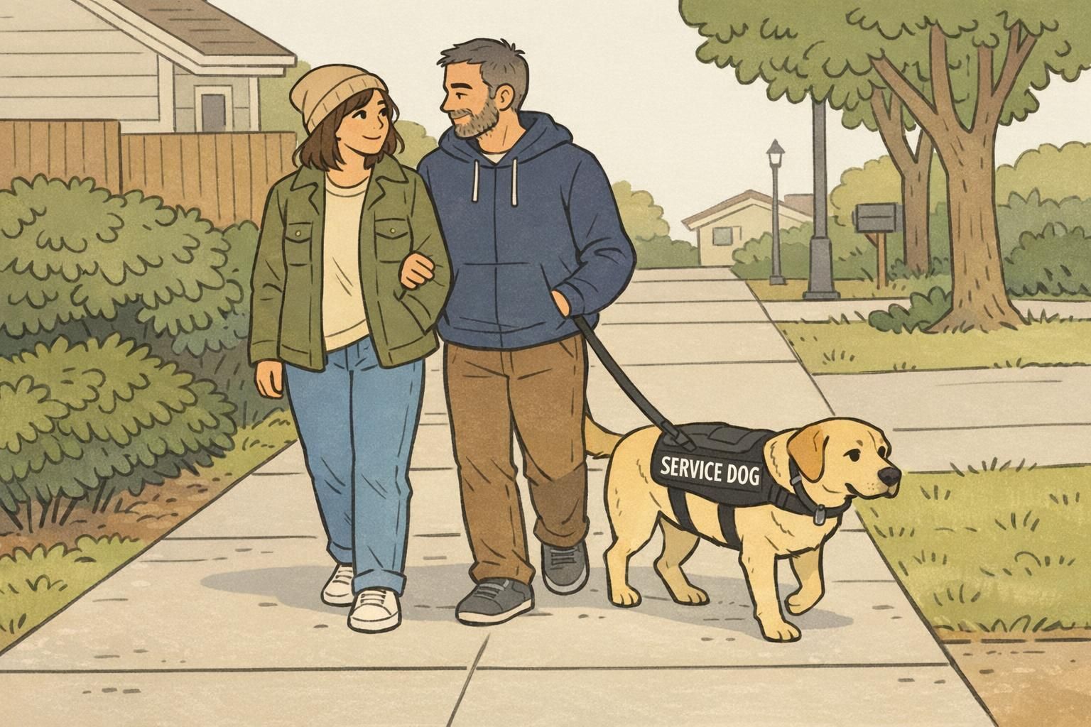 Two adults taking a gentle post-meal walk on a neighborhood sidewalk with a calm service dog walking on a leash beside them.
