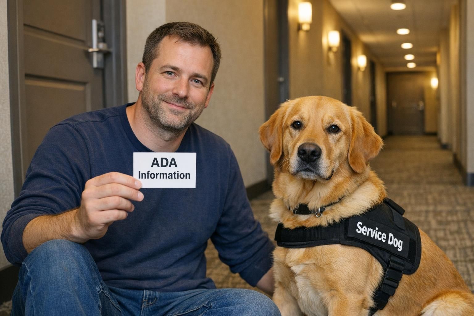 In an apartment hallway a handler and service dog sit calmly while the handler holds an ADA information card for quick reference.