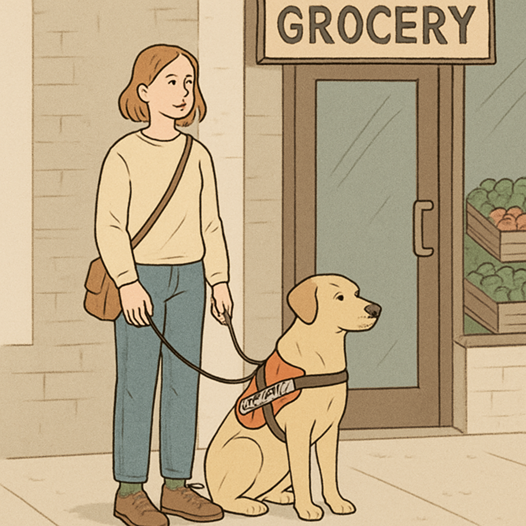 Handler and adult service dog pausing calmly at a small grocery store entrance, the dog in a simple harness and leash demonstrating a quiet public-access training moment.
