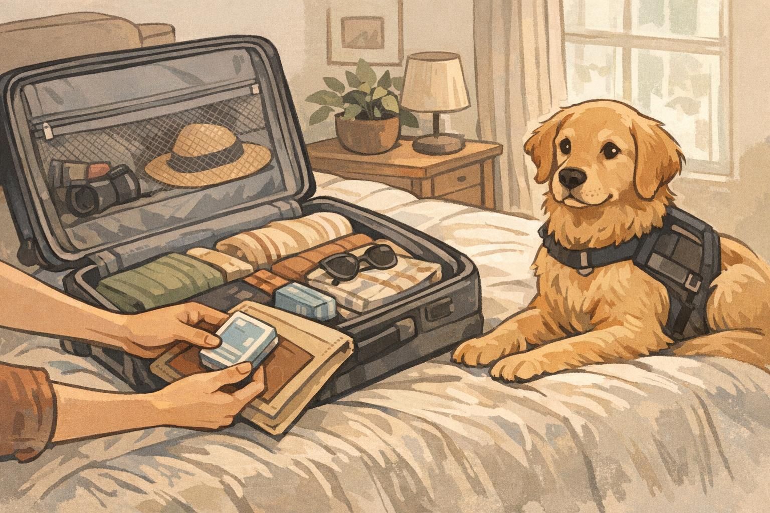 Travel preparation at home with an open suitcase as the handler places service dog ID cards and a document sleeve inside while the dog watches.