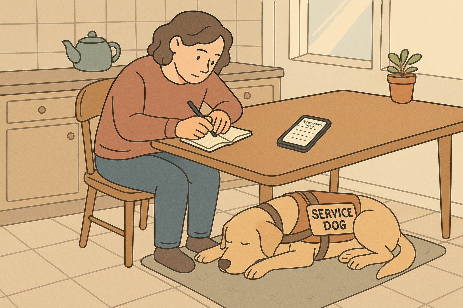 A handler writing incident notes at a kitchen table with a phone nearby while their service dog rests on a mat, representing documentation after a denial.