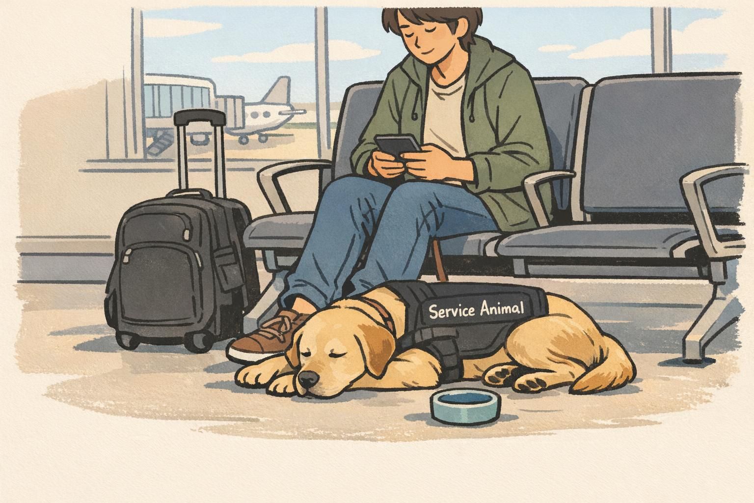 Traveler seated in an airport waiting area with a relaxed service dog lying at their feet, the dog wearing a working vest and a small carry-on nearby.