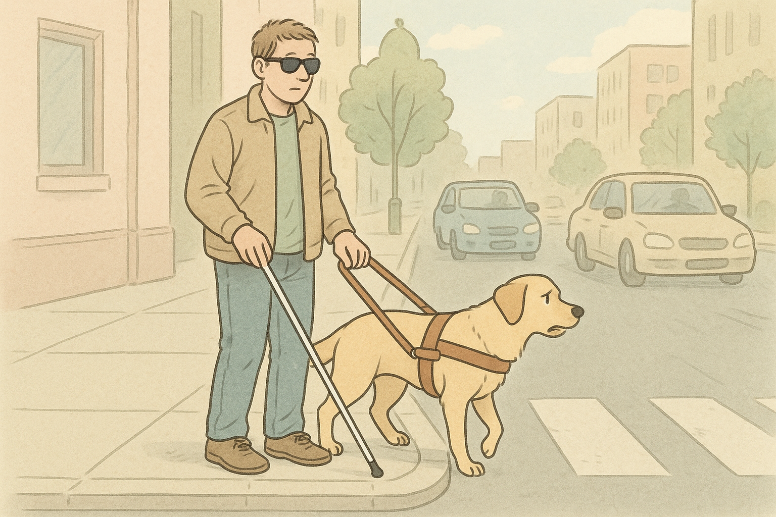 A harnessed guide dog leads an adult across a city sidewalk and pauses at the curb, demonstrating trained safety judgment before crossing.